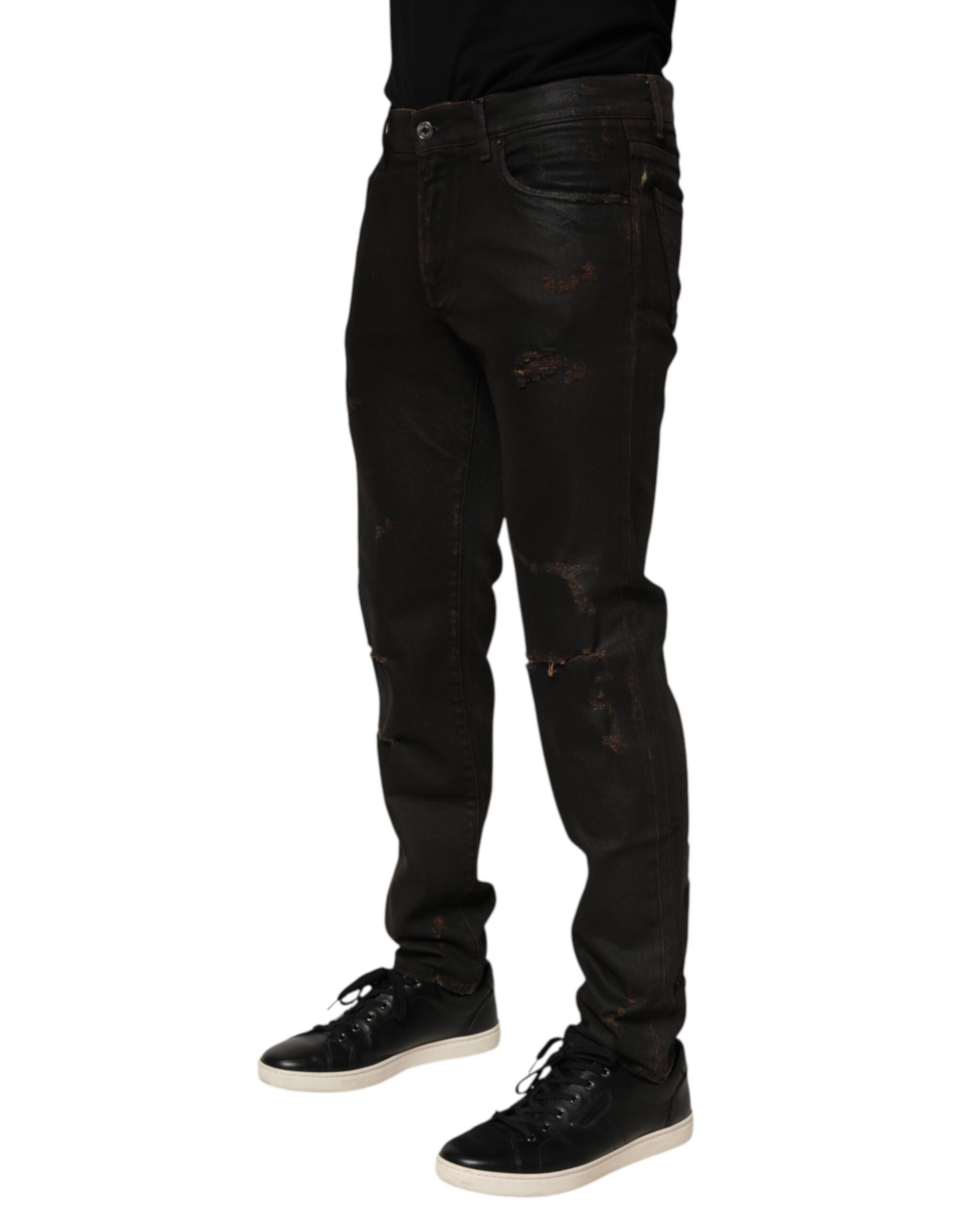 Dark Brown Tattered Cotton Skinny Denim Jeans - ventzia