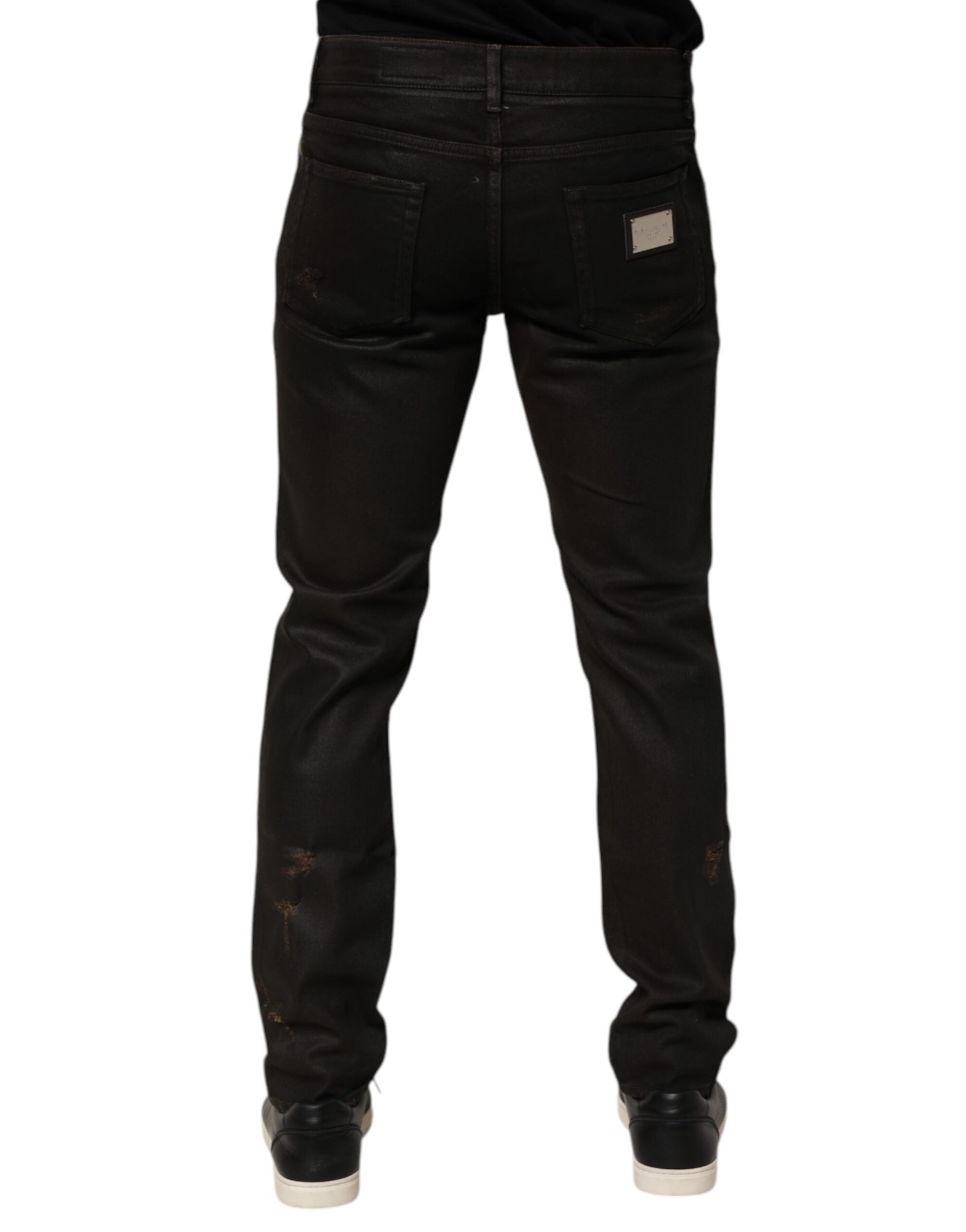 Dark Brown Tattered Cotton Skinny Denim Jeans - ventzia