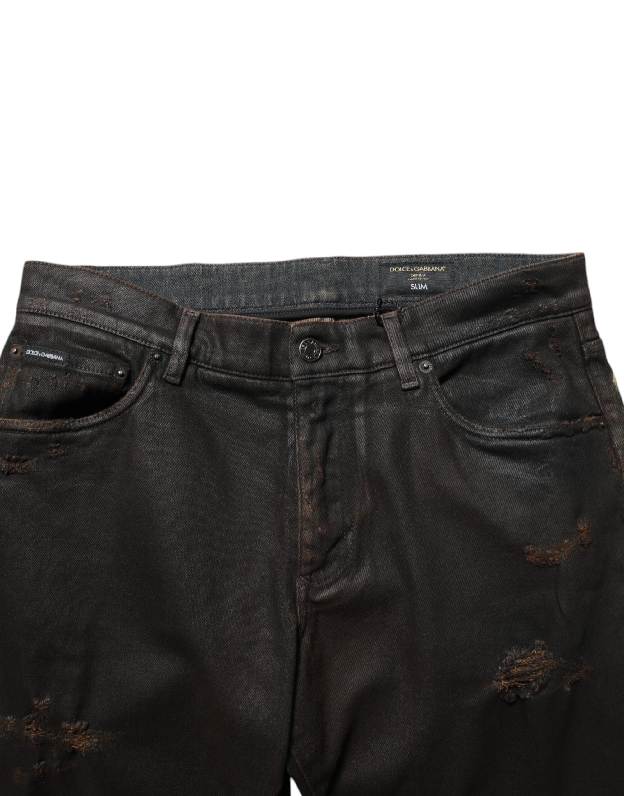 Dark Brown Tattered Cotton Skinny Denim Jeans - ventzia