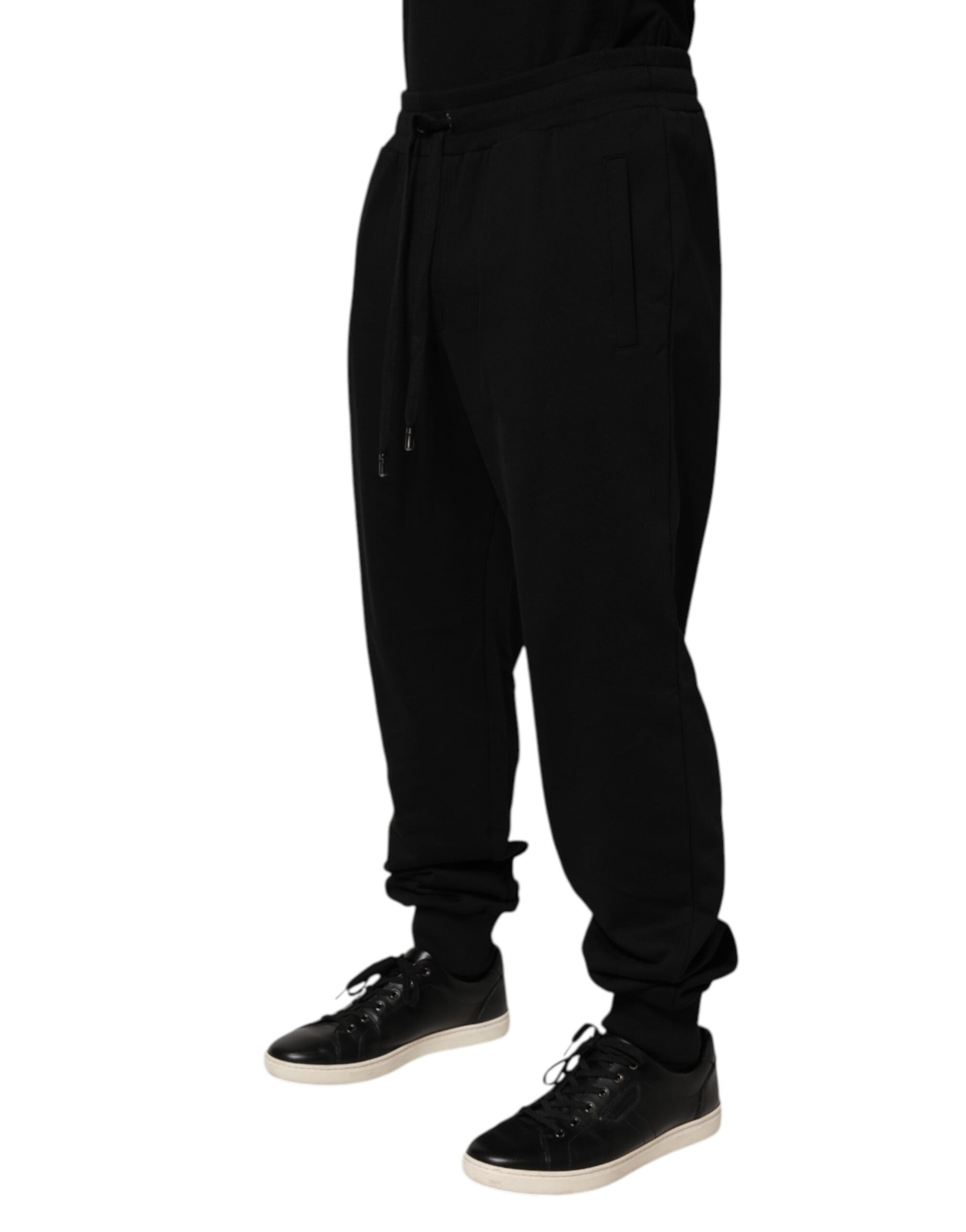 Black Cotton Drawstring Logo Sweatpants Pants - ventzia