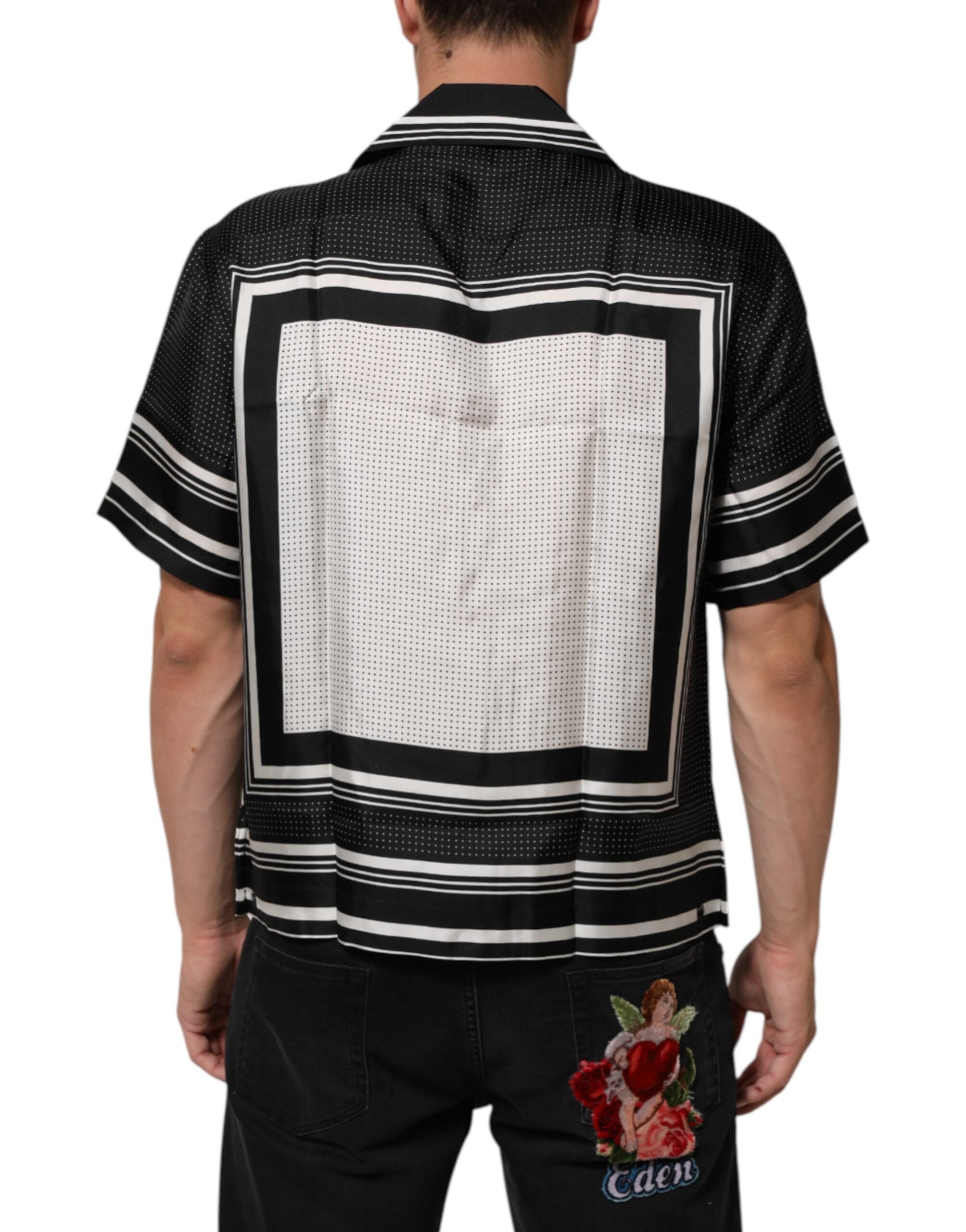 Black White StripeDot Print Casual Polo Shirt - ventzia