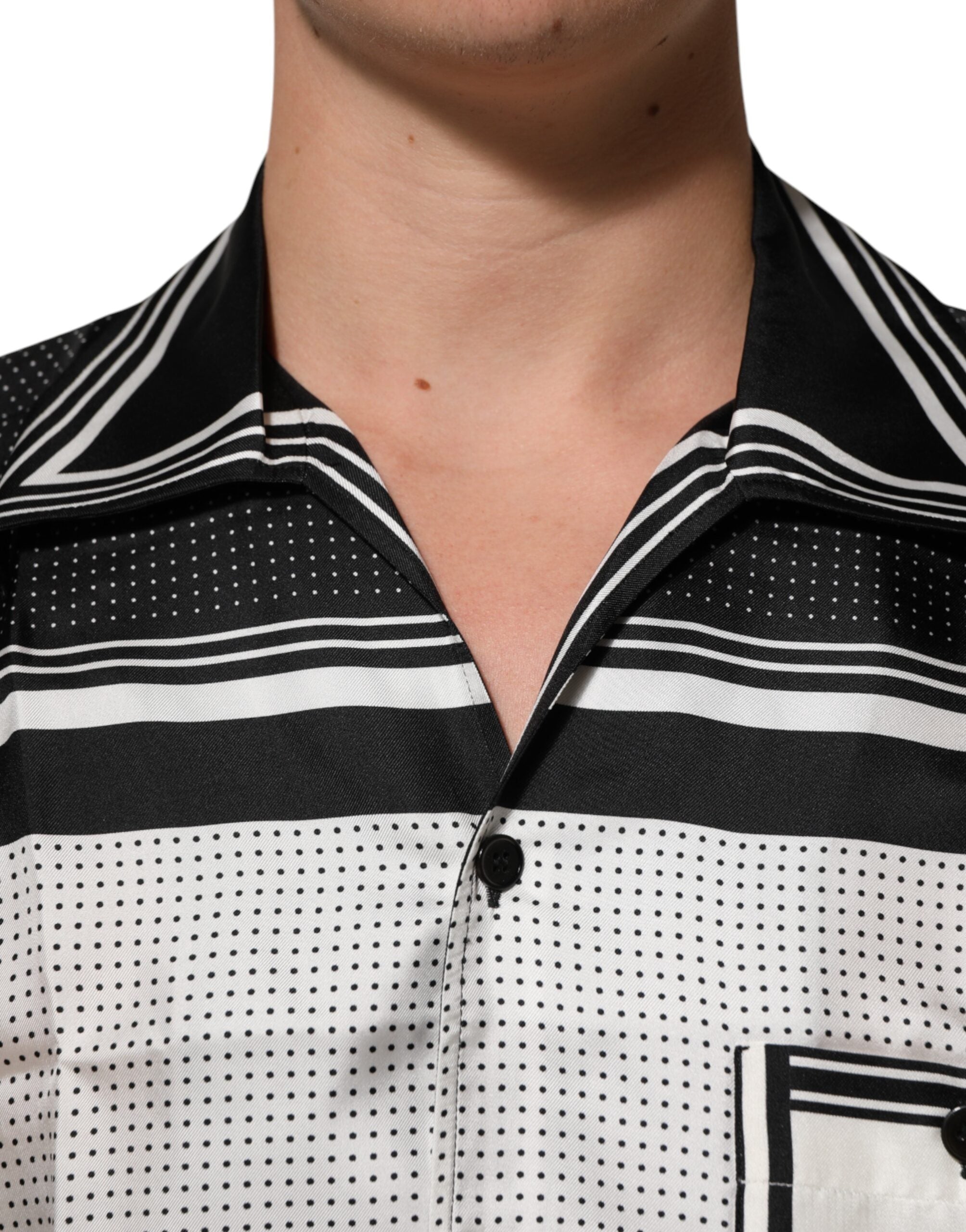 Black White StripeDot Print Casual Polo Shirt - ventzia