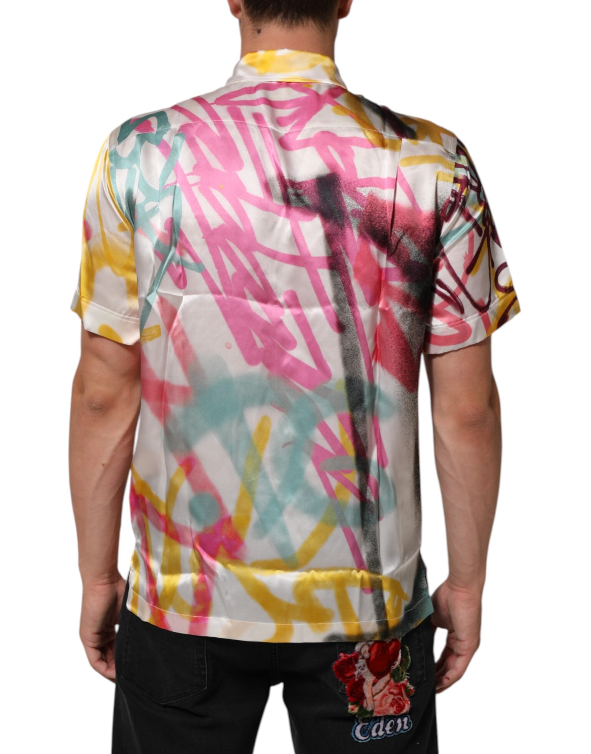 White Silk Hawaiian Graffiti Print Men Casual Shirt - ventzia