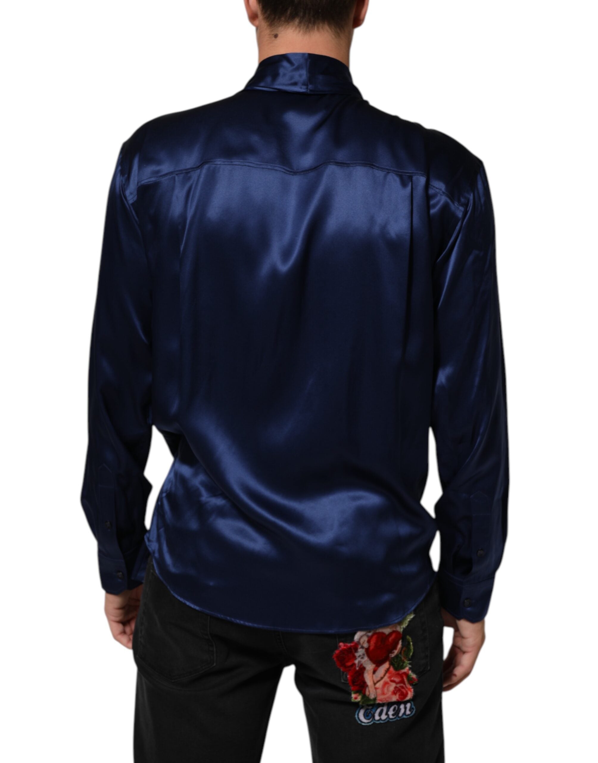 Blue Oversize Silk Satin Long Sleeves Shirt - ventzia