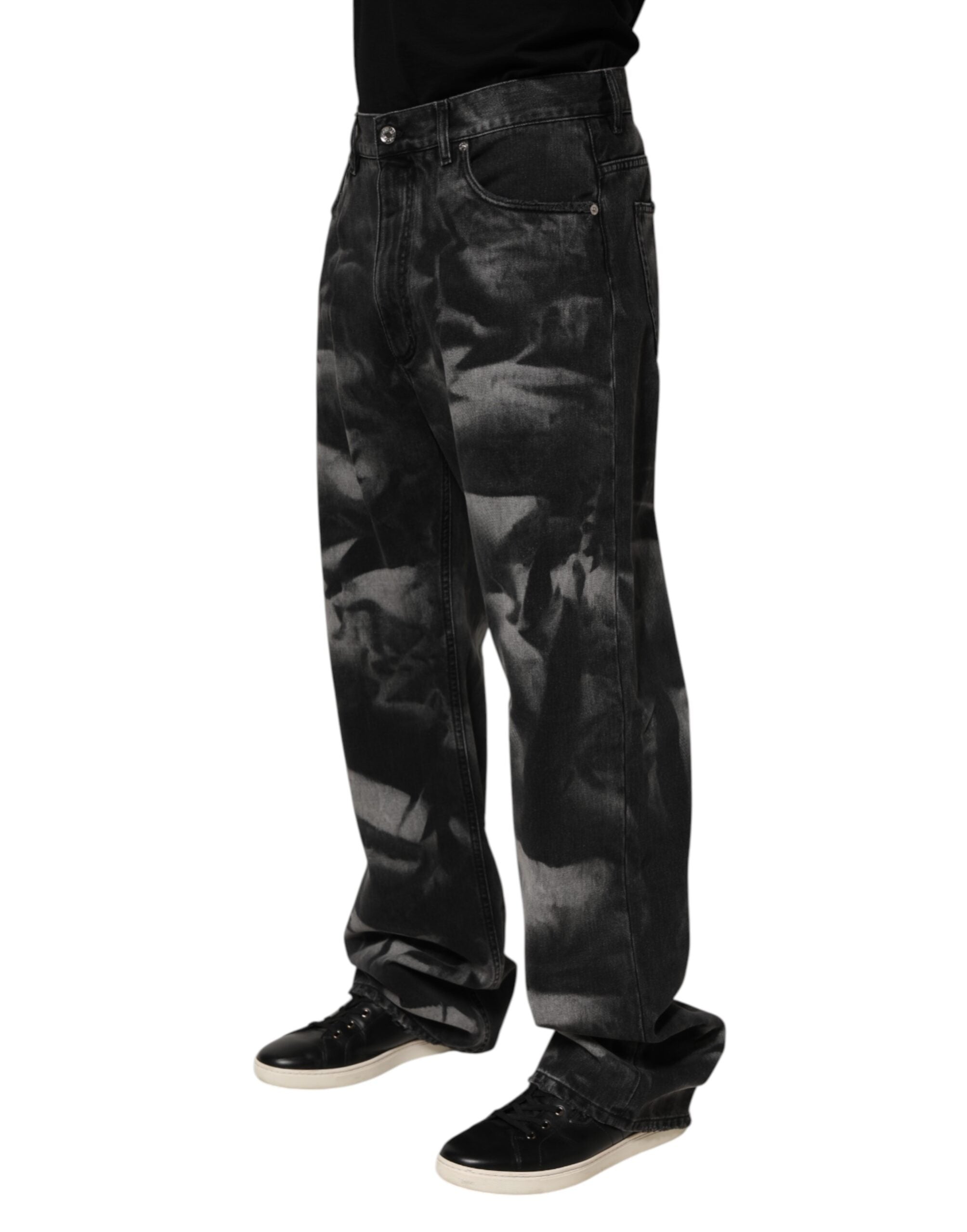 Black Marbled Effect Straight Men Denim Jeans - ventzia