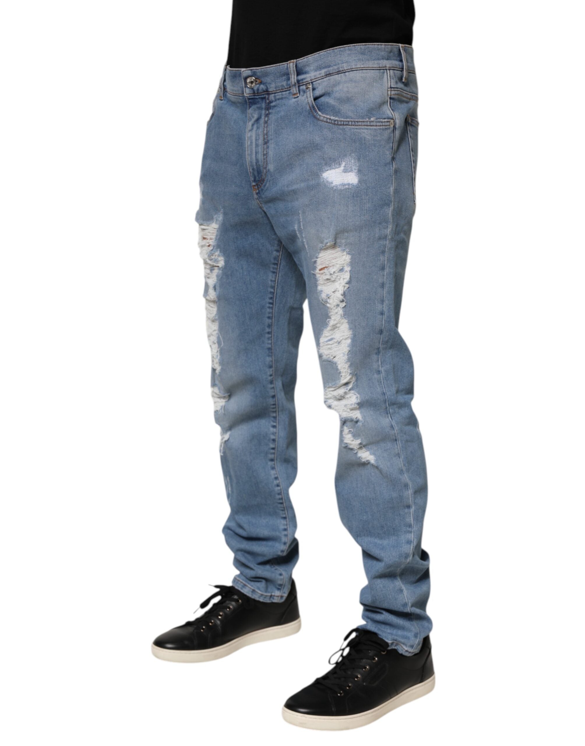 Blue Tattered Slim Fit Cotton Denim Jeans - ventzia
