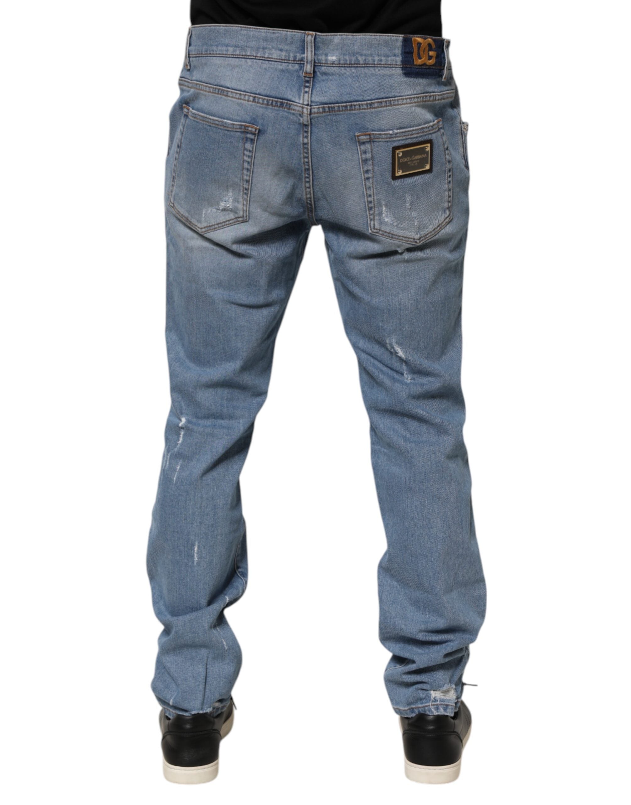 Blue Tattered Slim Fit Cotton Denim Jeans - ventzia