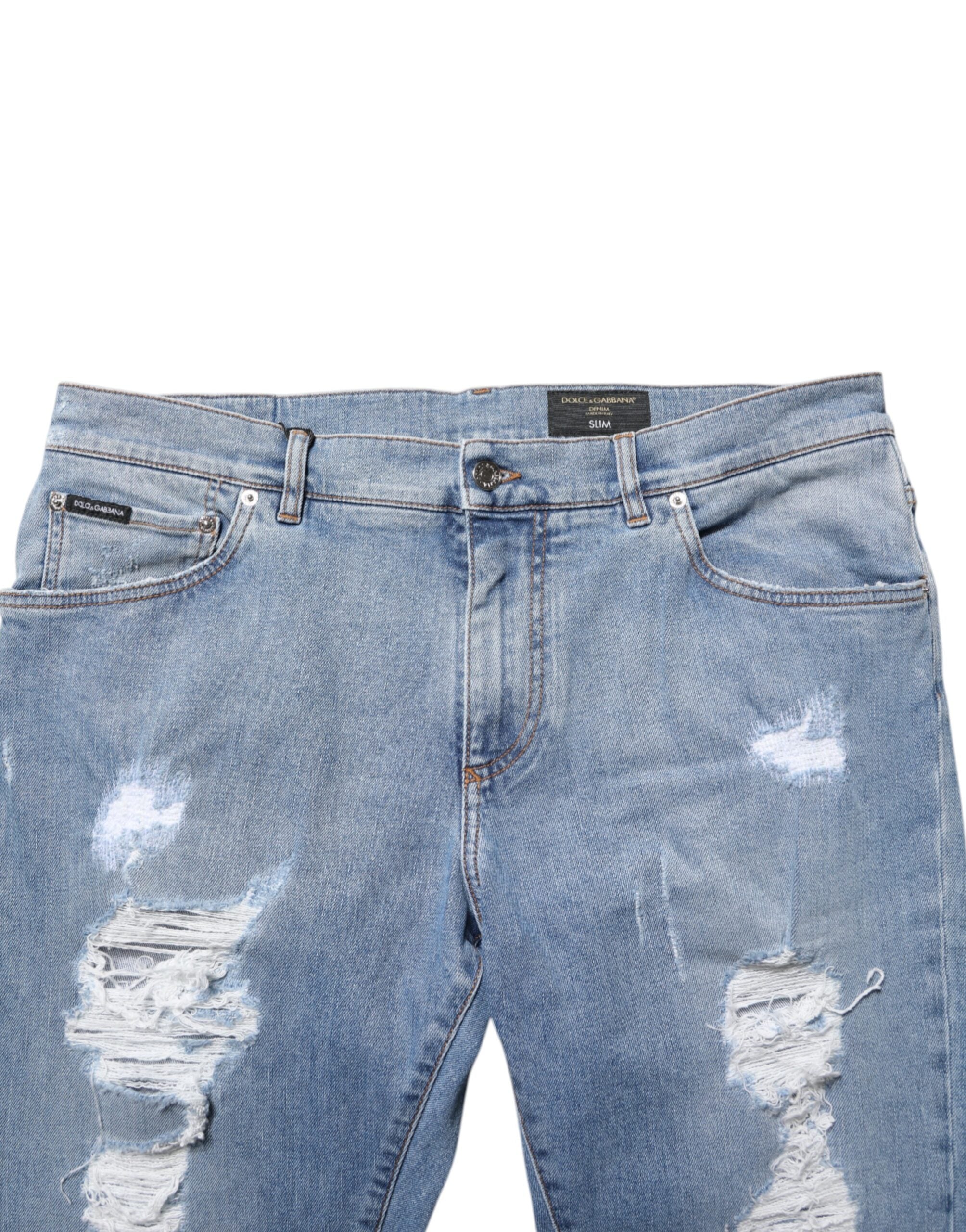 Blue Tattered Slim Fit Cotton Denim Jeans - ventzia