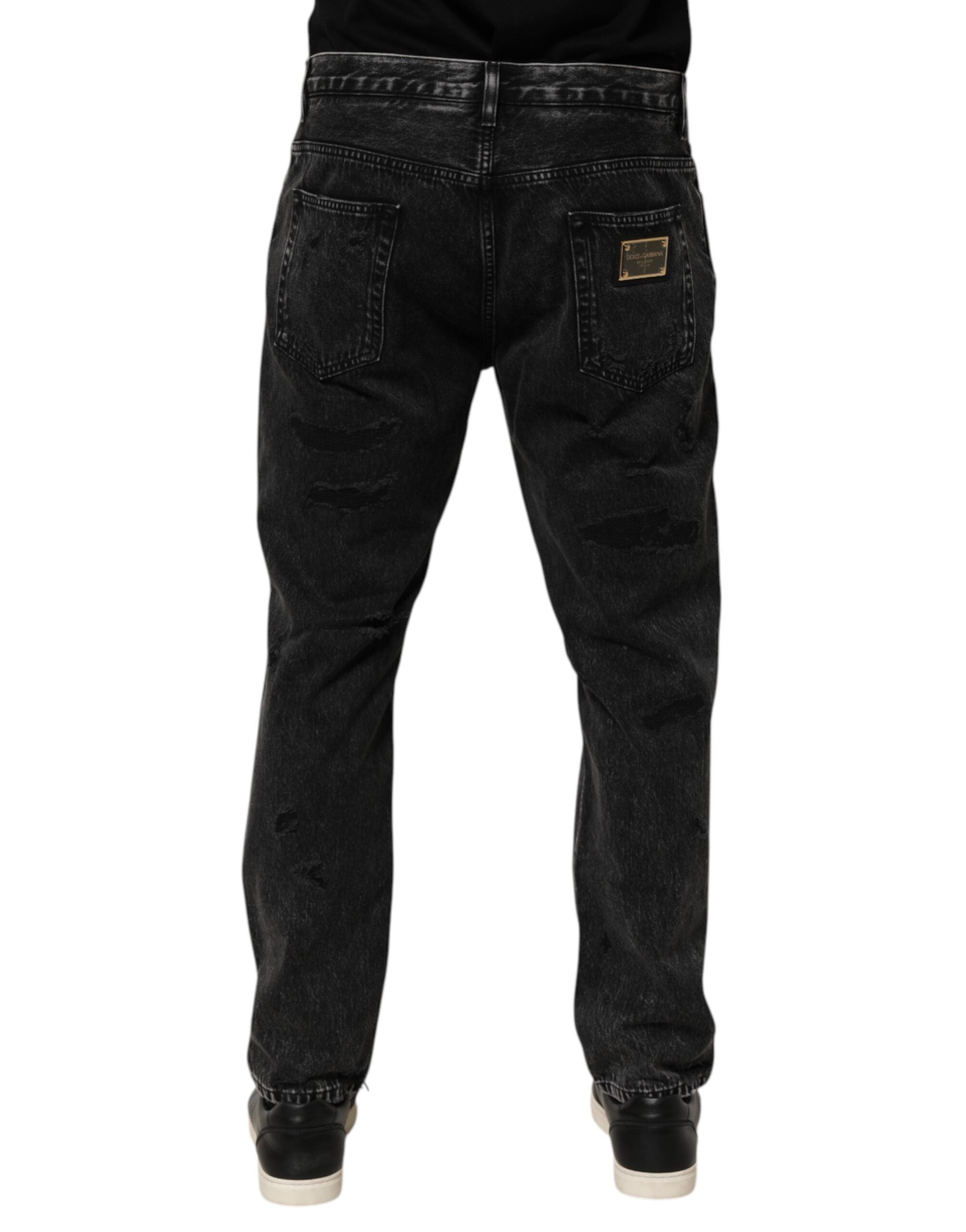 Black Washed Ripped Loose Cotton Denim Jeans - ventzia