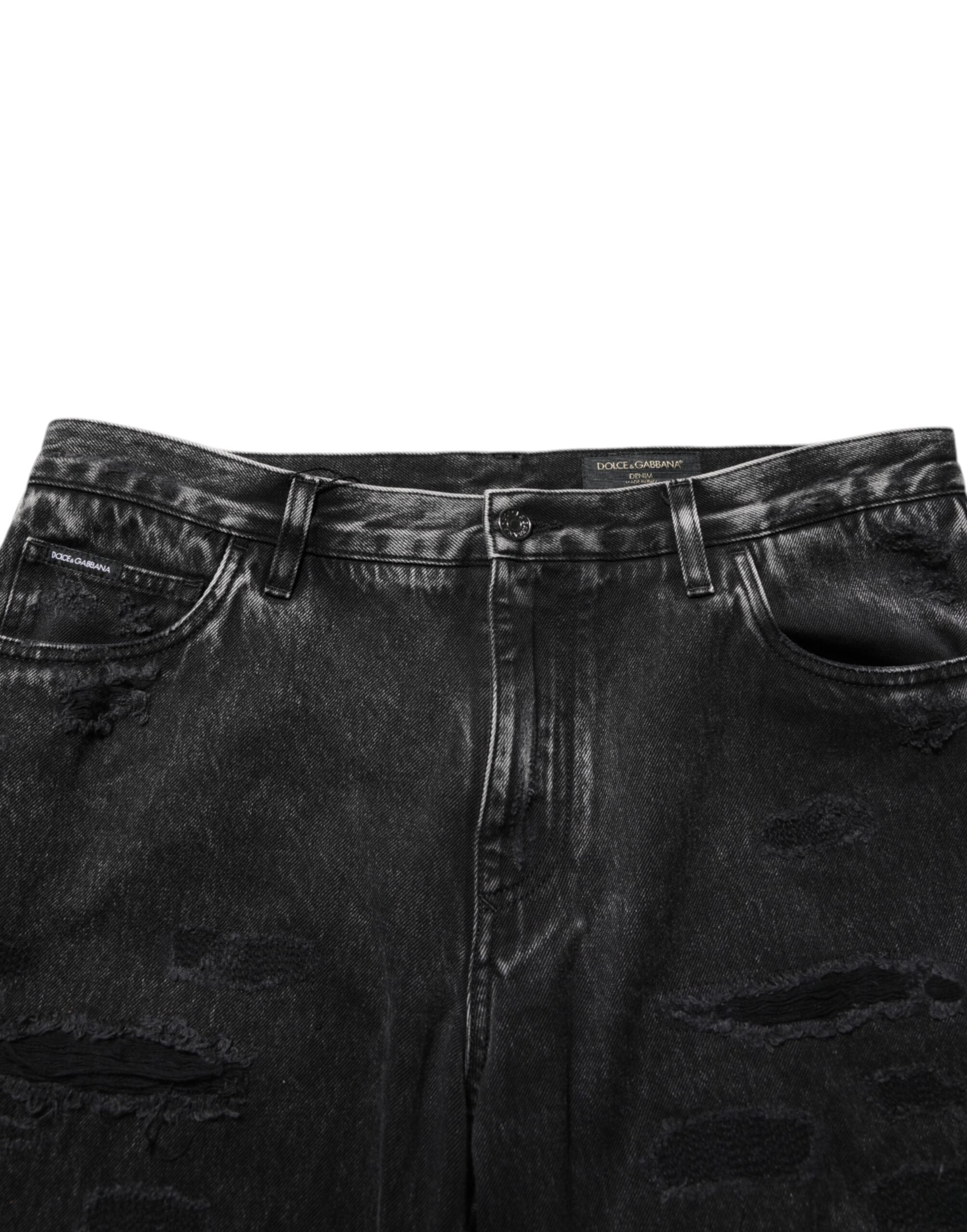 Black Washed Ripped Loose Cotton Denim Jeans - ventzia