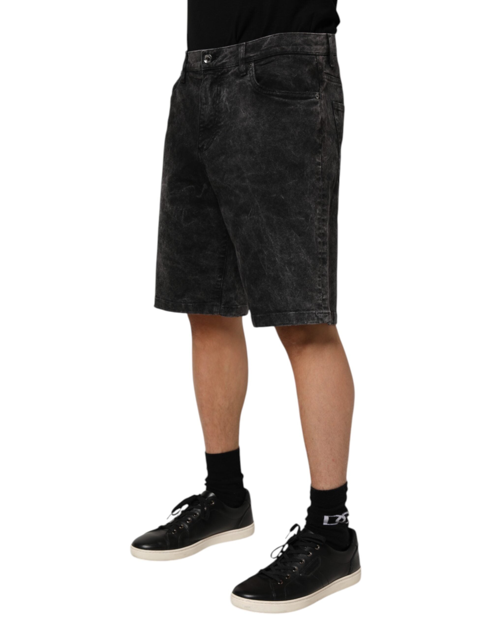Black Cotton Mid Waist Denim Men Bermuda Short - ventzia