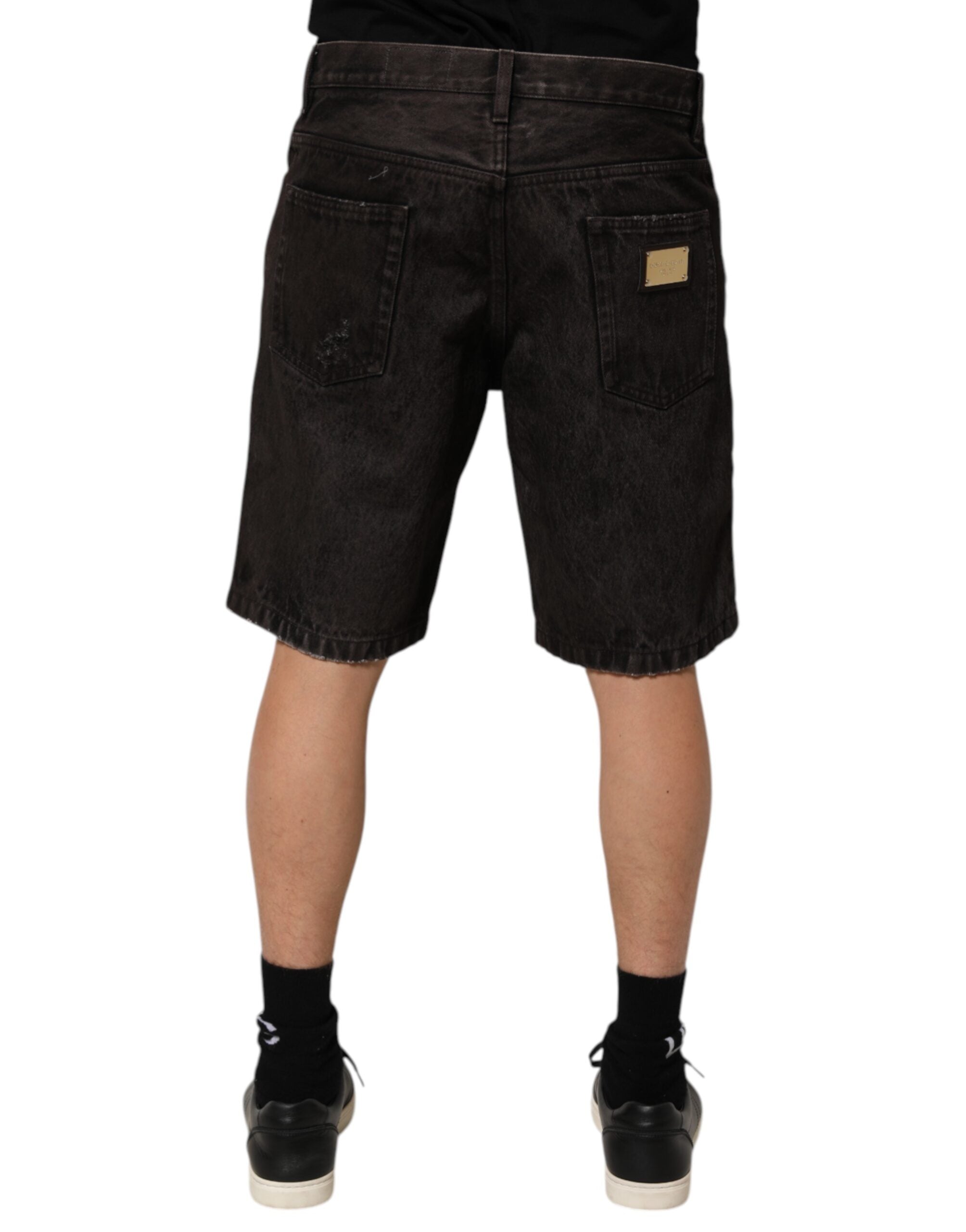 Black Cotton Tattered Denim Men Bermuda Short - ventzia