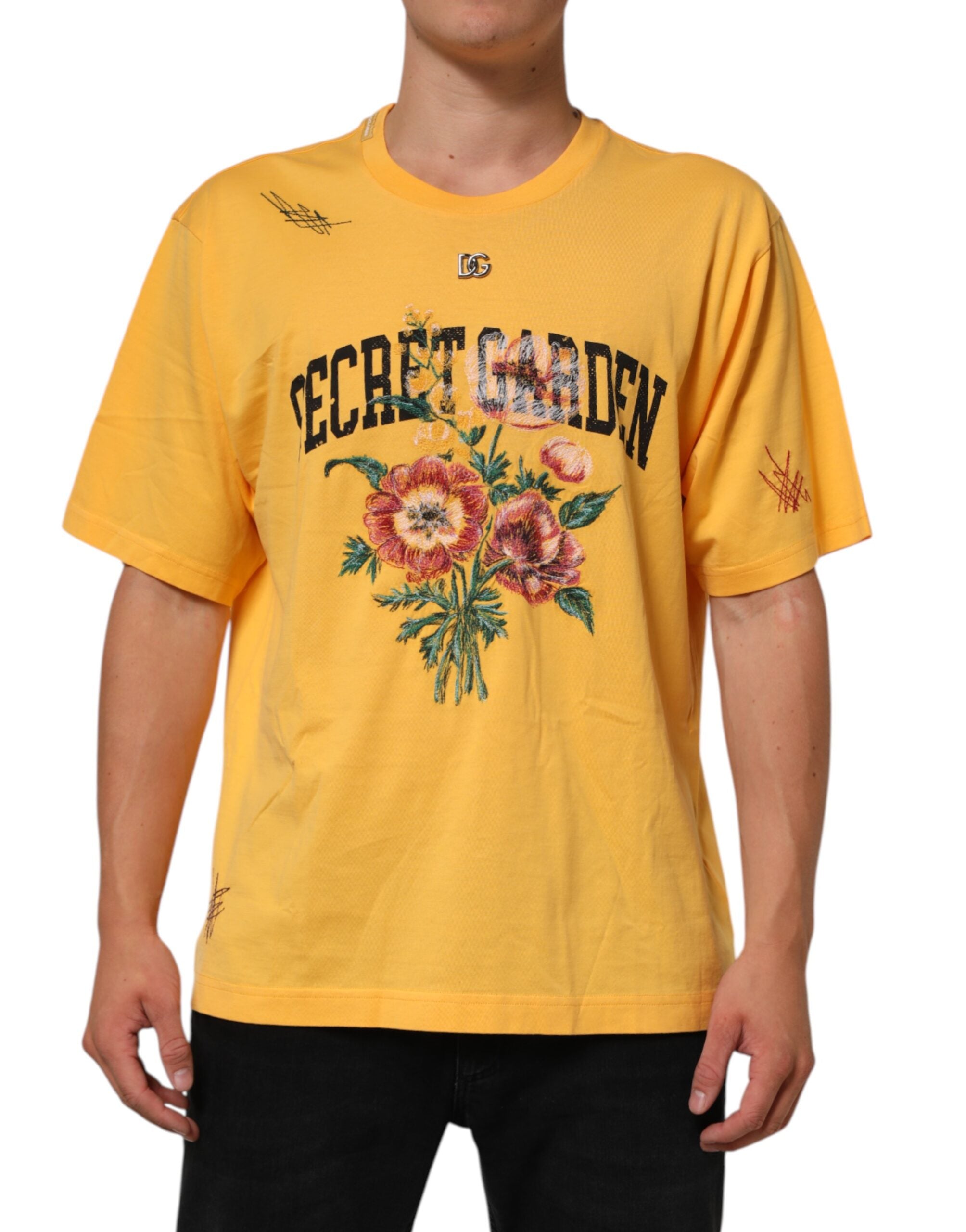 Yellow Secret Graden Floral Cotton CrewNeck T-shirt - ventzia