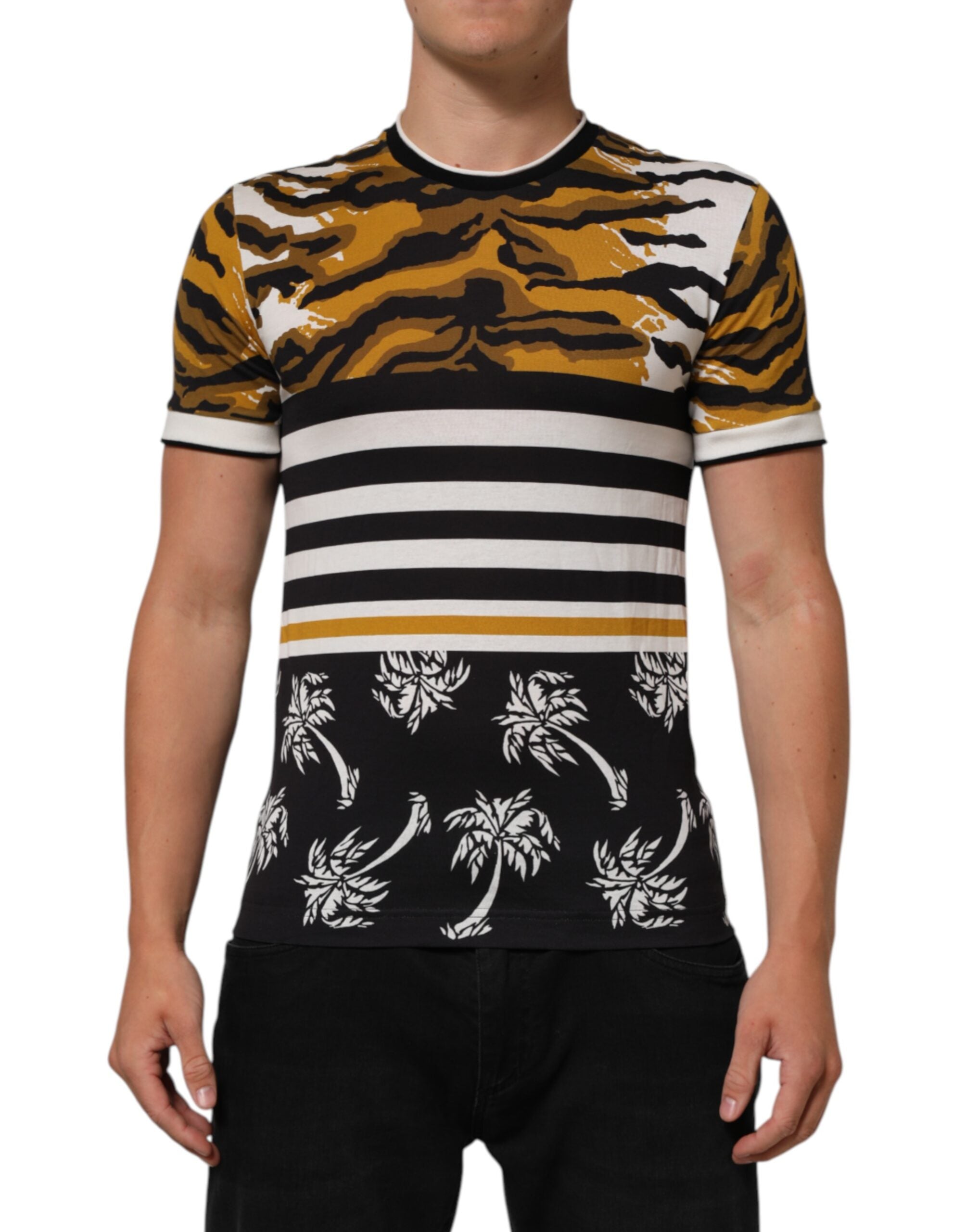 Multicolor Leopard Palm Leaf Men Crew Neck T-shirt - ventzia
