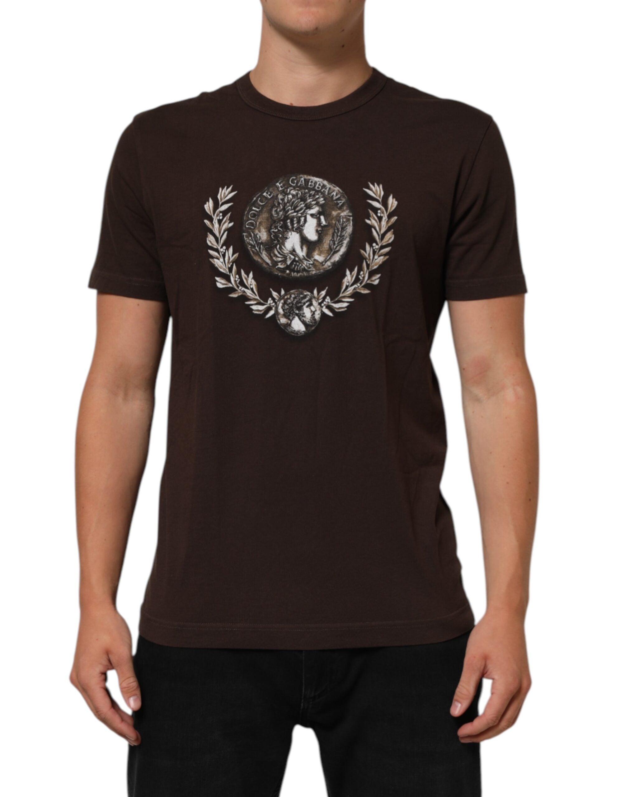 Brown Coin Laurel Print Men Crew Neck T-shirt - ventzia