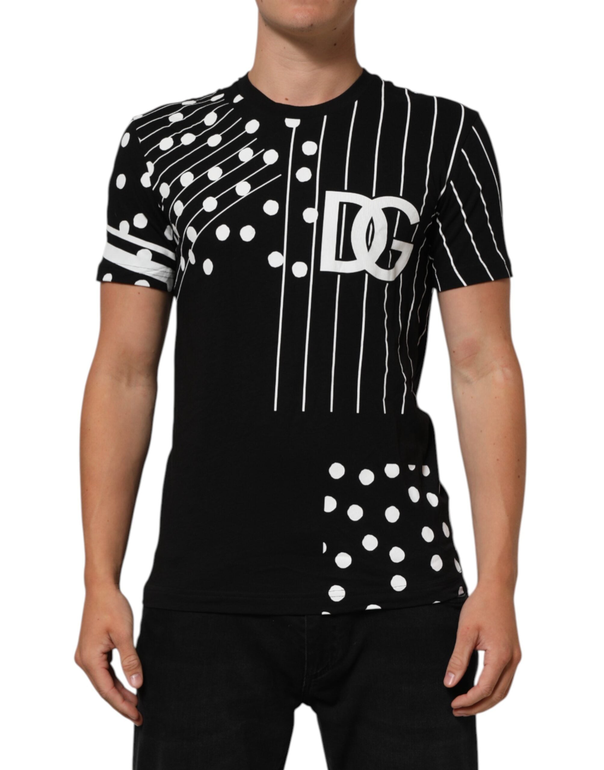 Black Cotton Polka Dots Round Neck T-shirt - ventzia