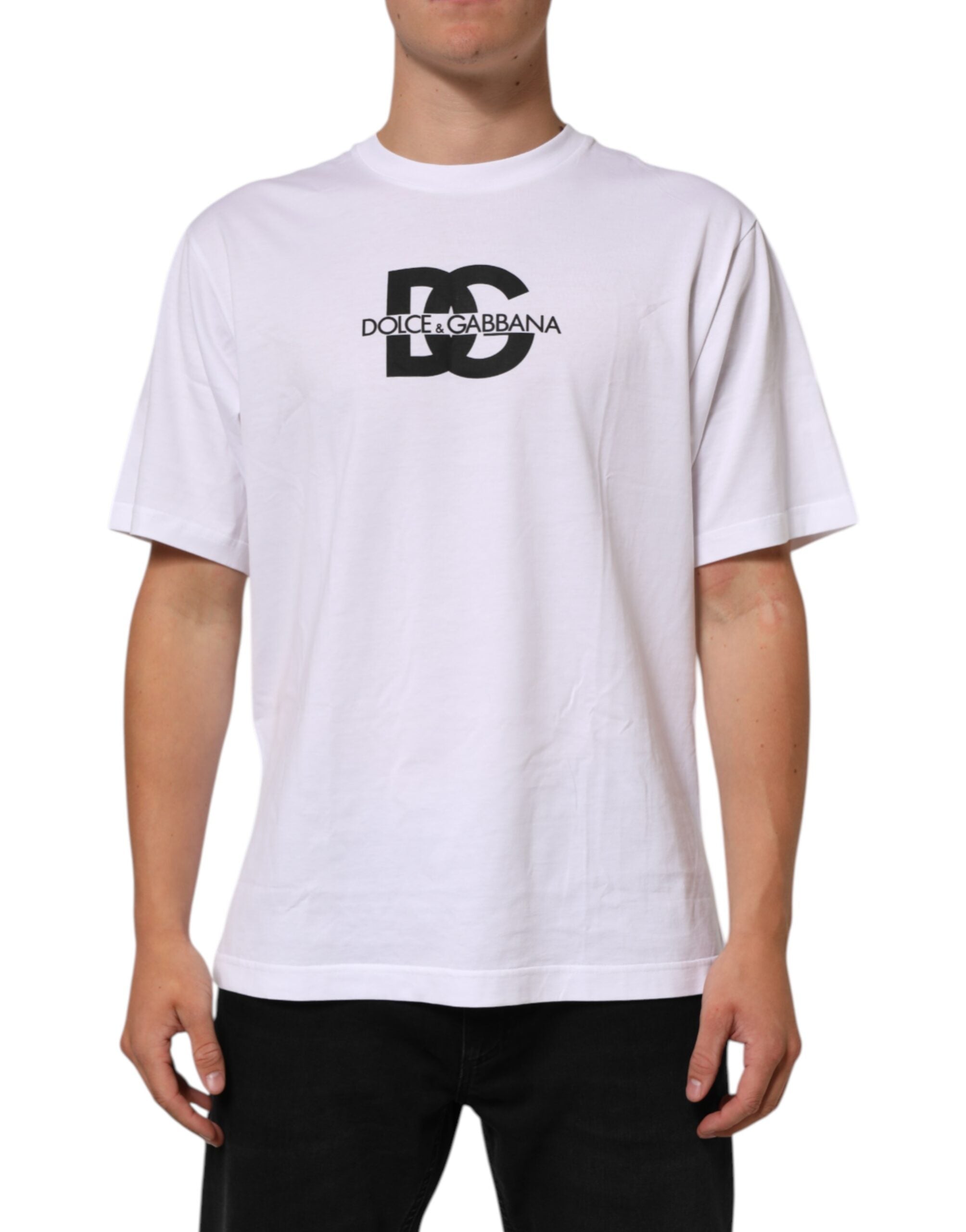 White Logo Print Cotton Crew Neck Men T-shirt - ventzia