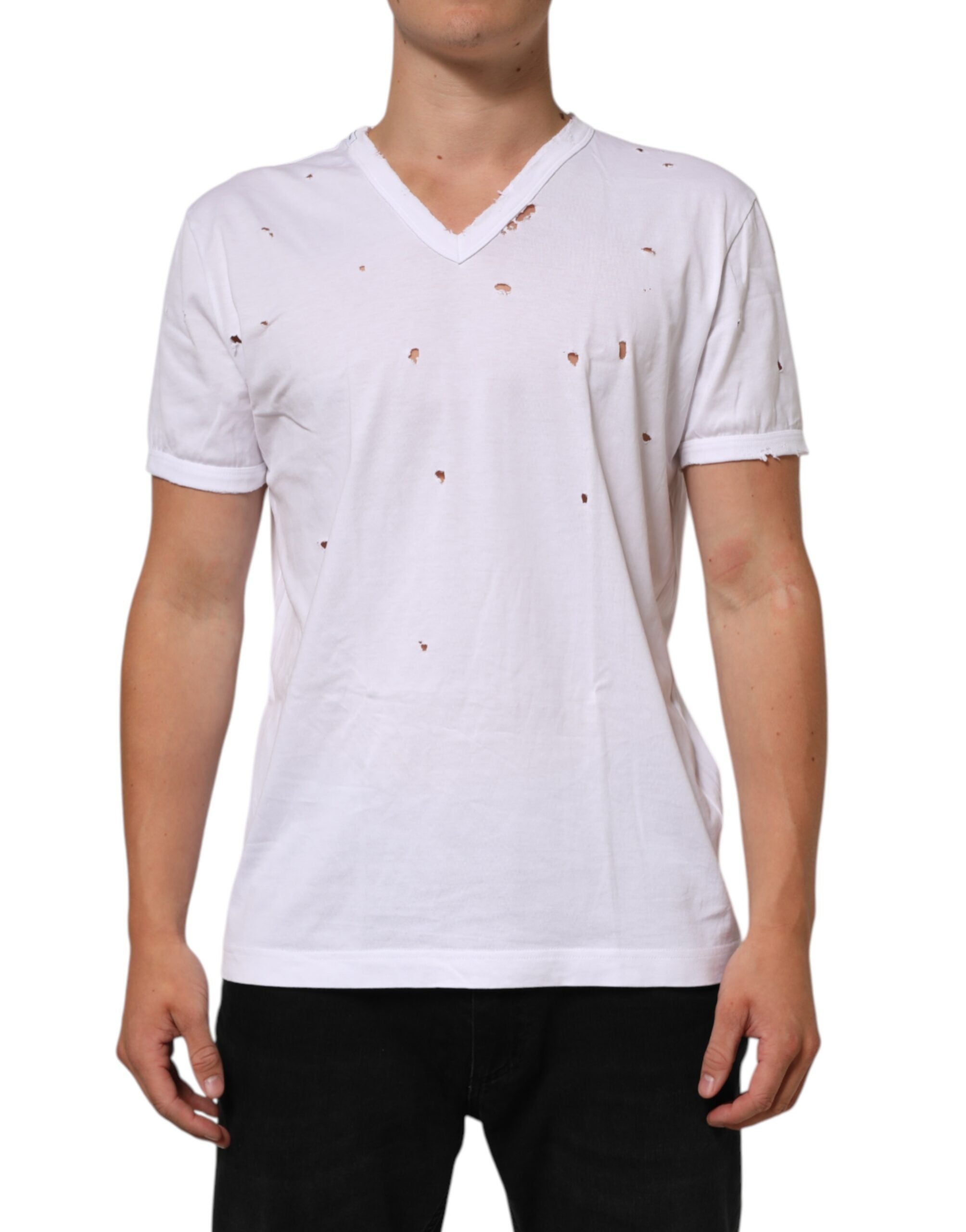 White Distressed Cotton V Neck Men T-shirt - ventzia
