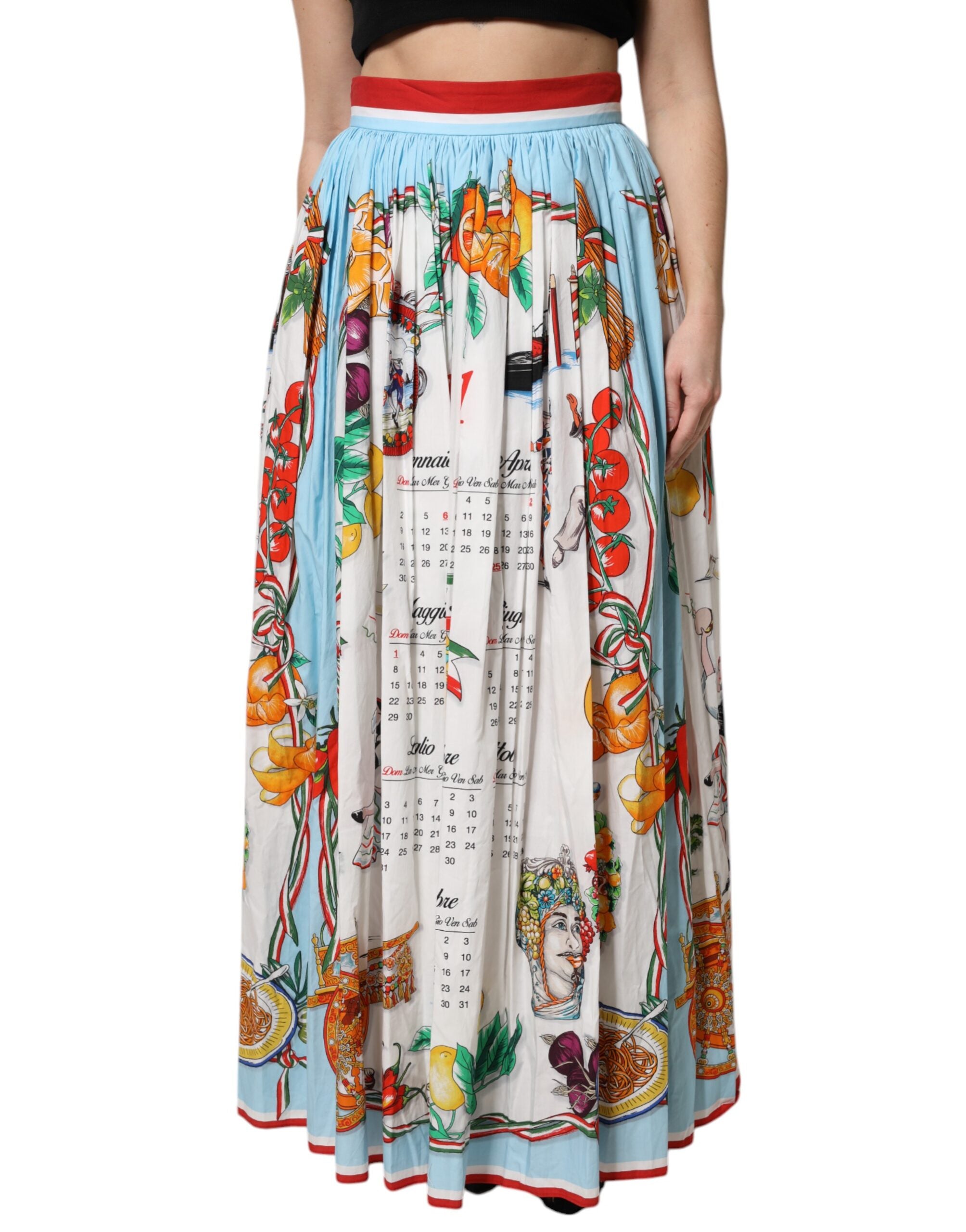 White Calendar Print Cotton Gathered Maxi Skirt - ventzia