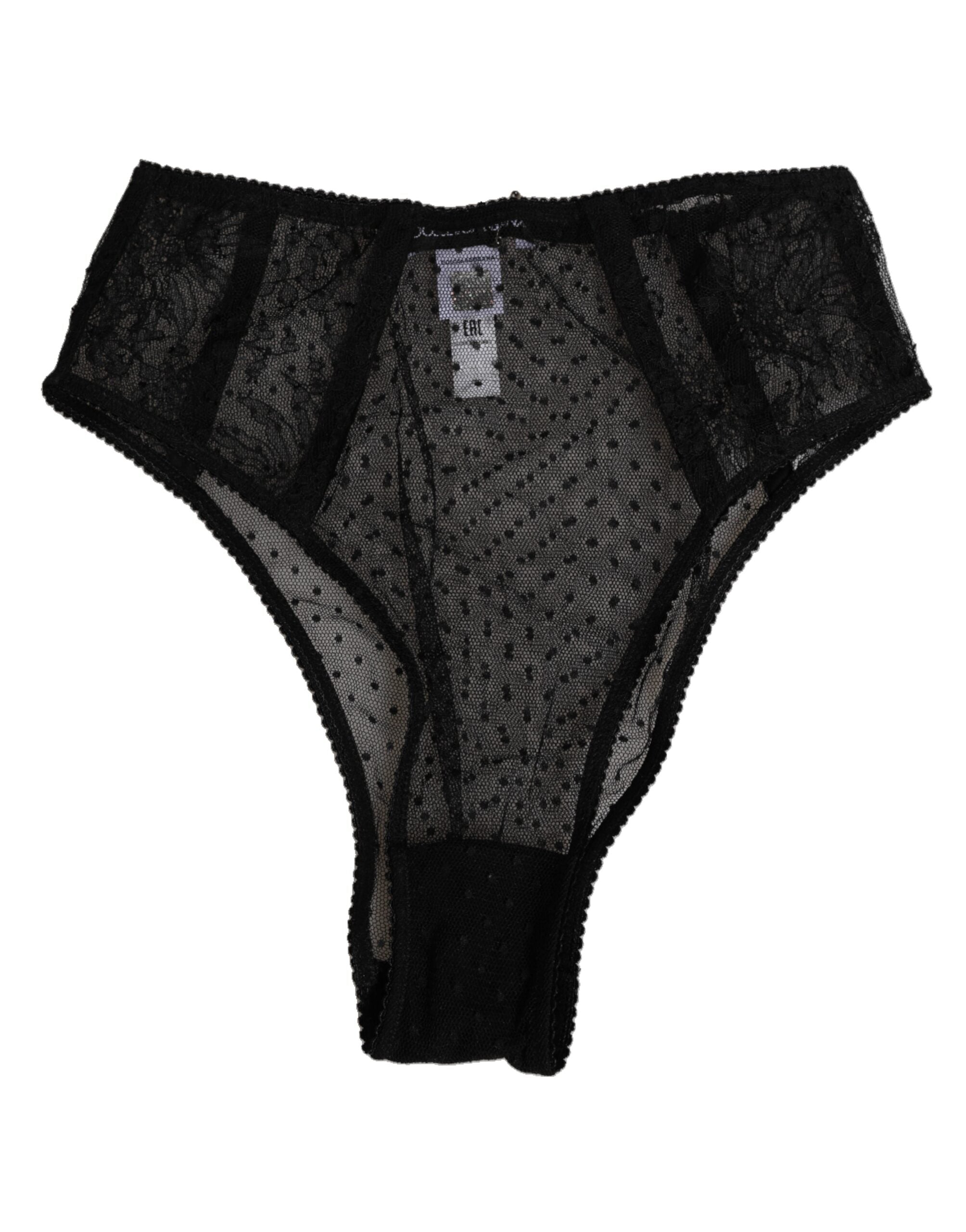 Black Lace Polka Dot Mesh High Waist Underwear - ventzia