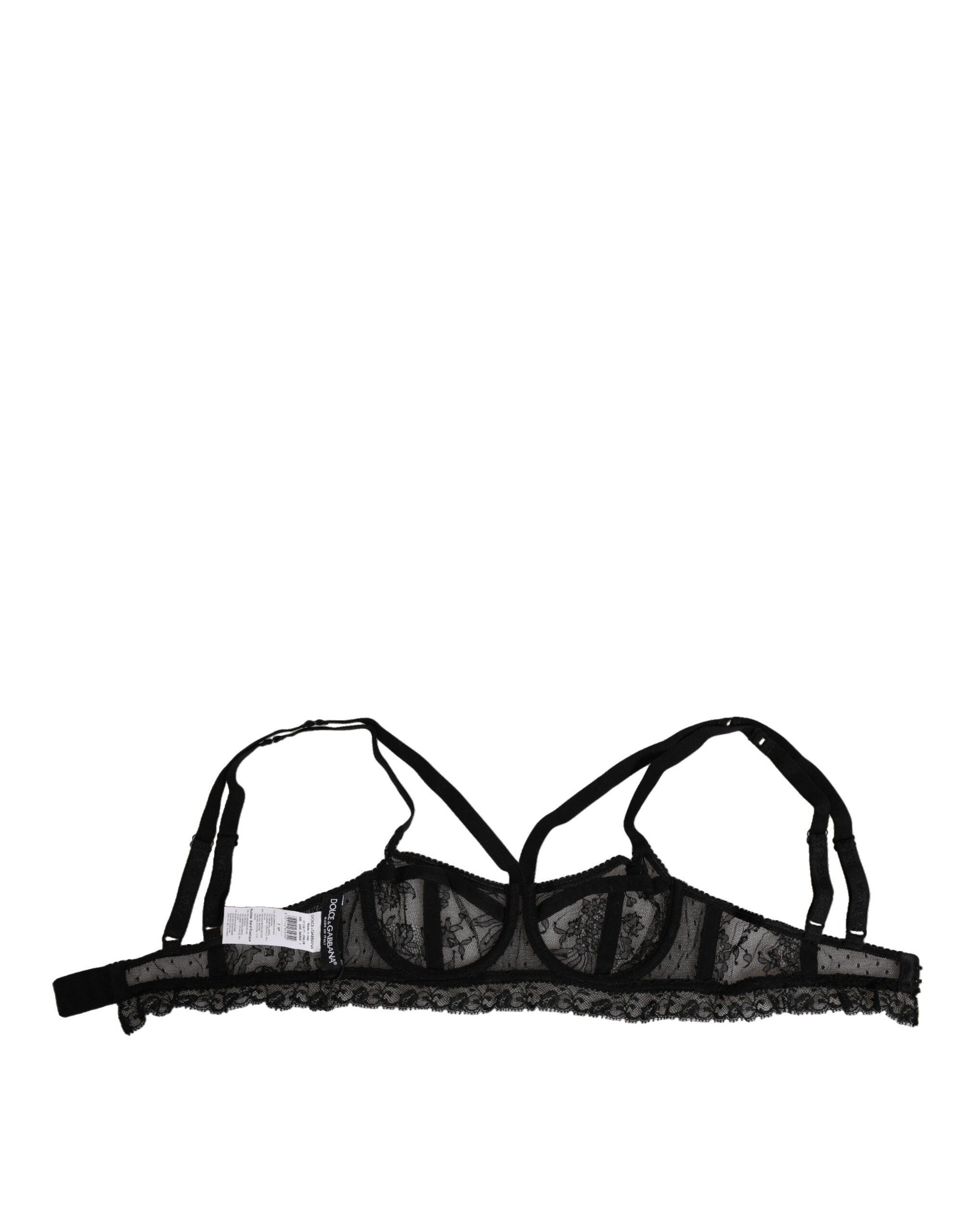 Black Floral Lace Nylon Balconcino Bra Underwear - ventzia