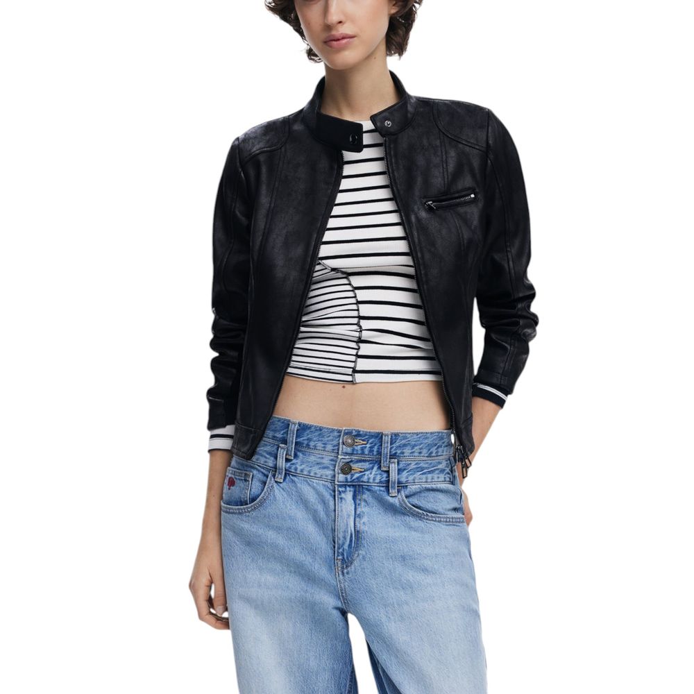 Black Polyester Biker Jacket - ventzia