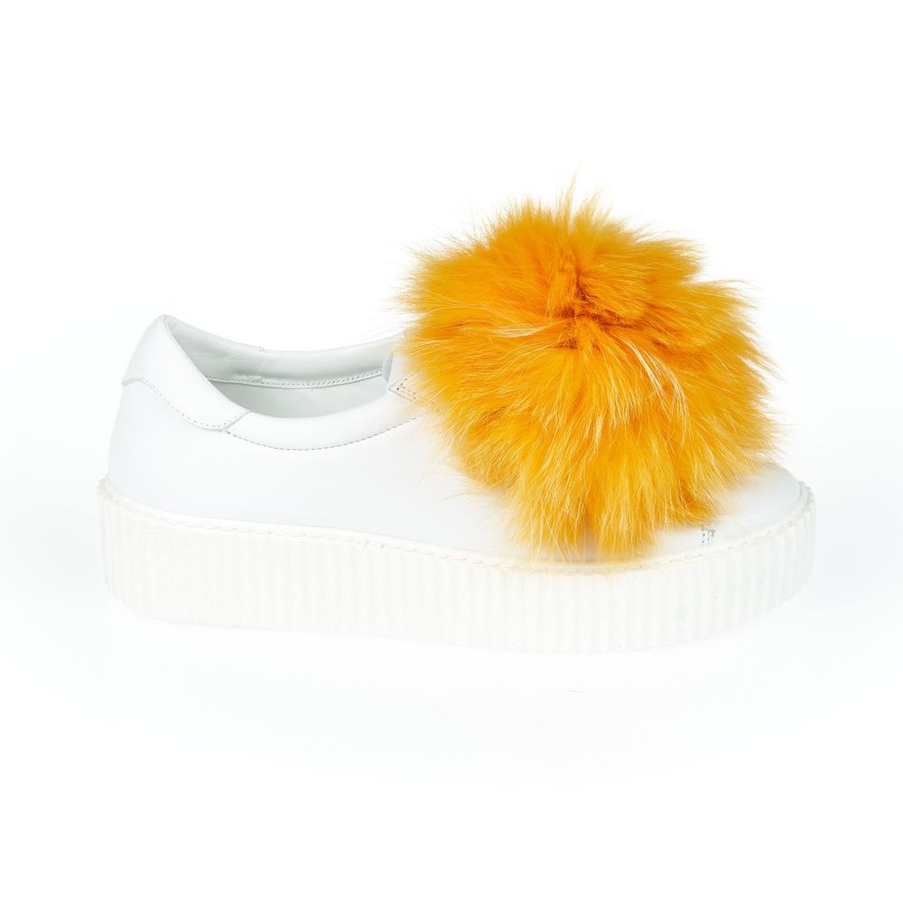 White Textile Women Sneaker with Fur Pom Poms - ventzia