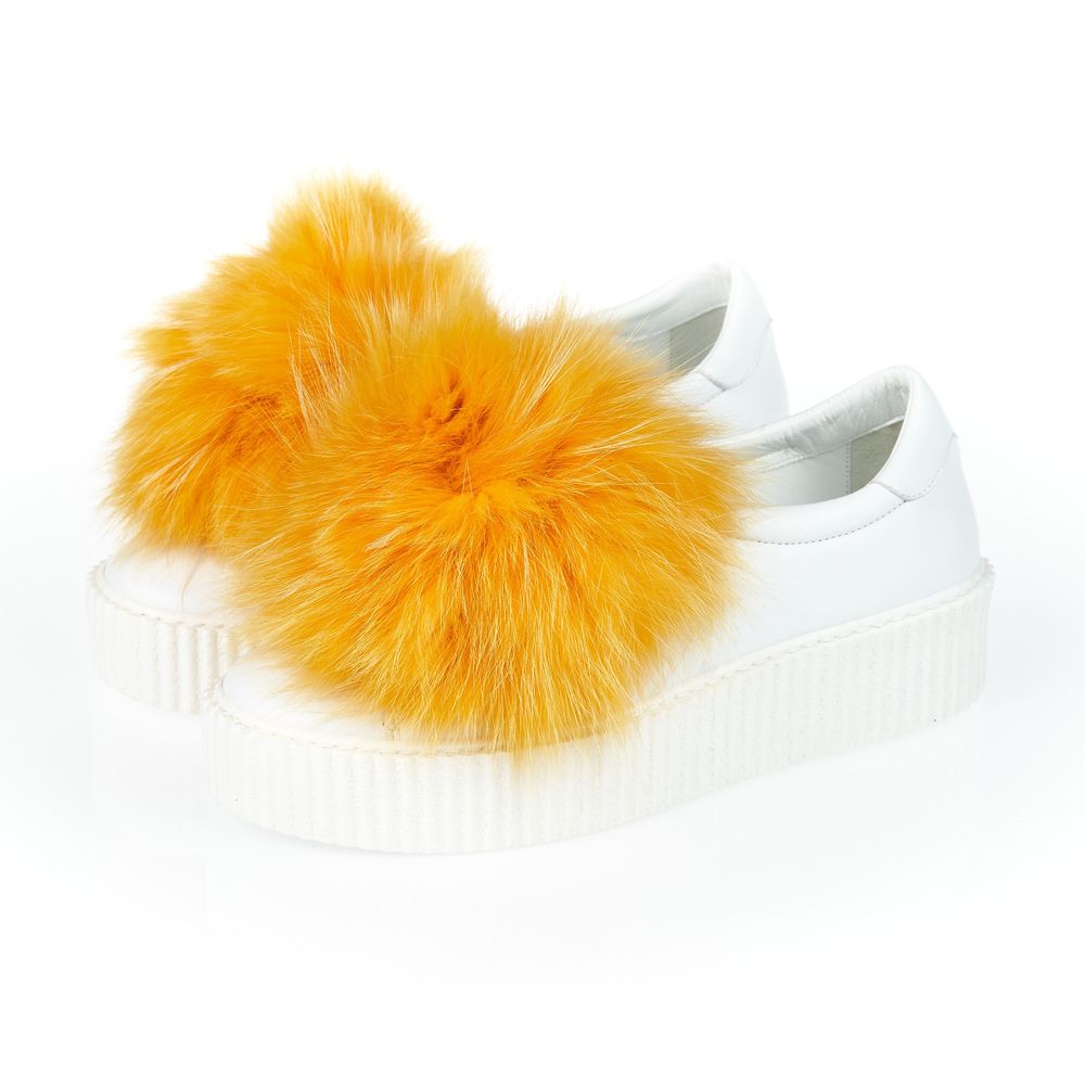 White Textile Women Sneaker with Fur Pom Poms - ventzia
