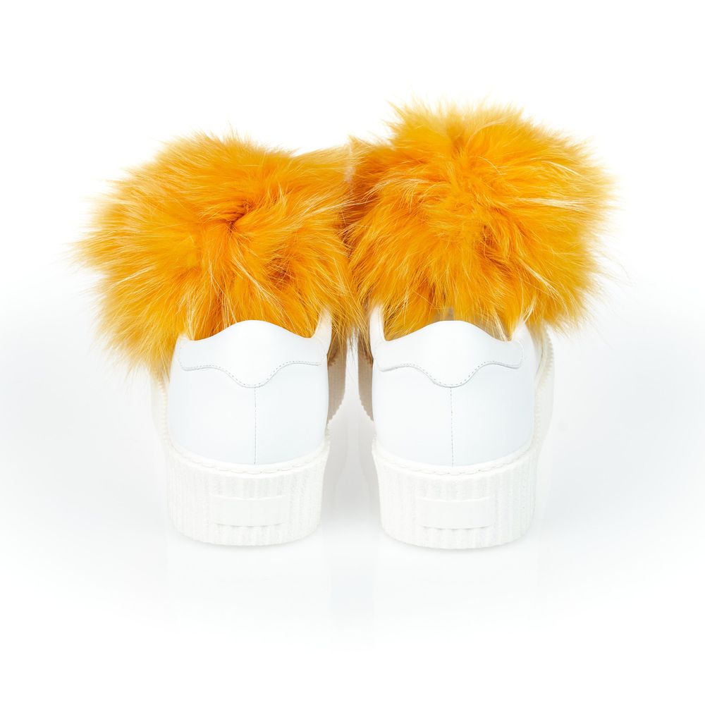 White Textile Women Sneaker with Fur Pom Poms - ventzia