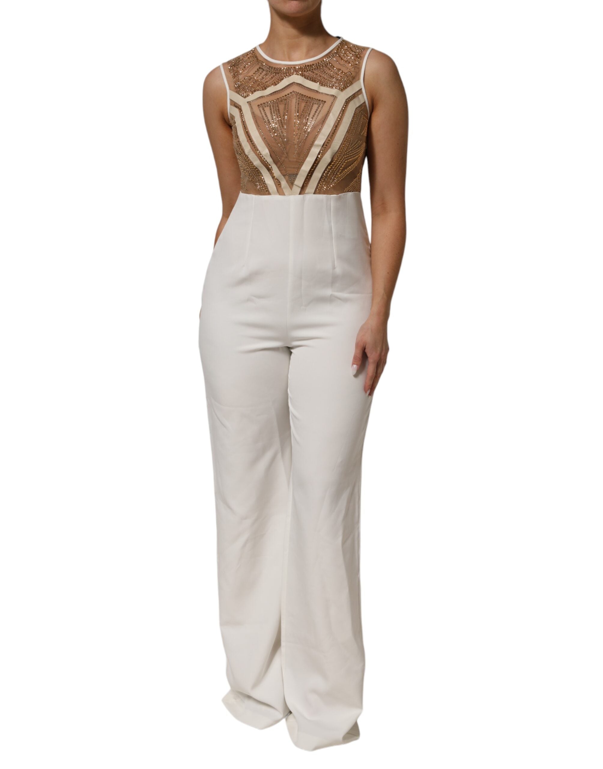 White Beige Mesh Crystal Embellished Sleeveless Jumpsuit - ventzia