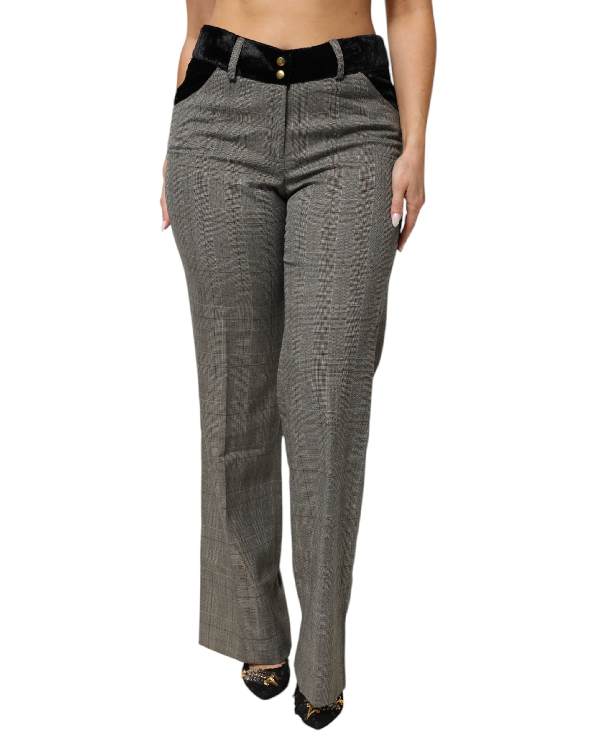 Gray Wool Blend Plaid Straight Leg Velvet Waist Pants - ventzia