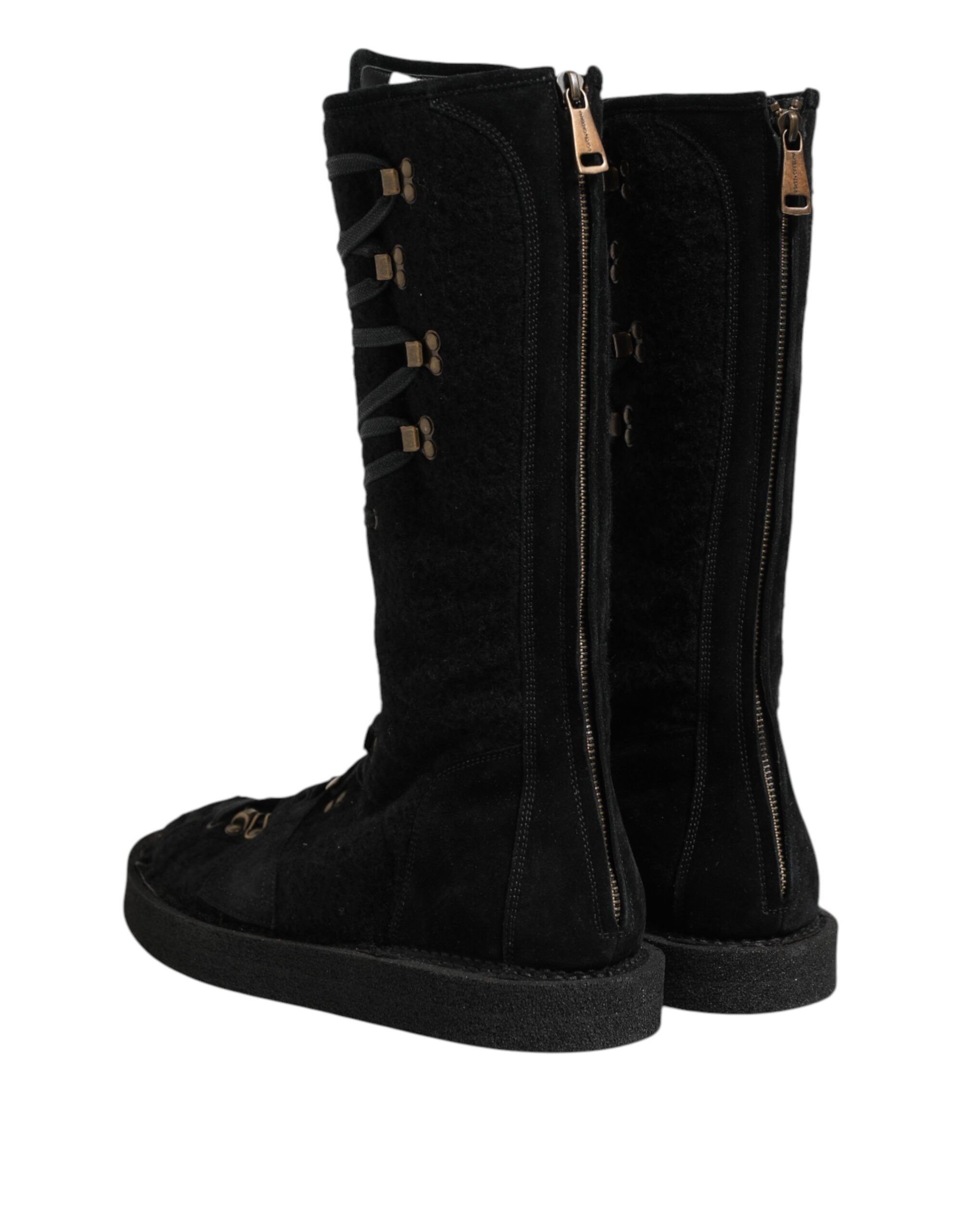 Black Alpaca Wool Suede Mid Calf Boots Shoes - ventzia