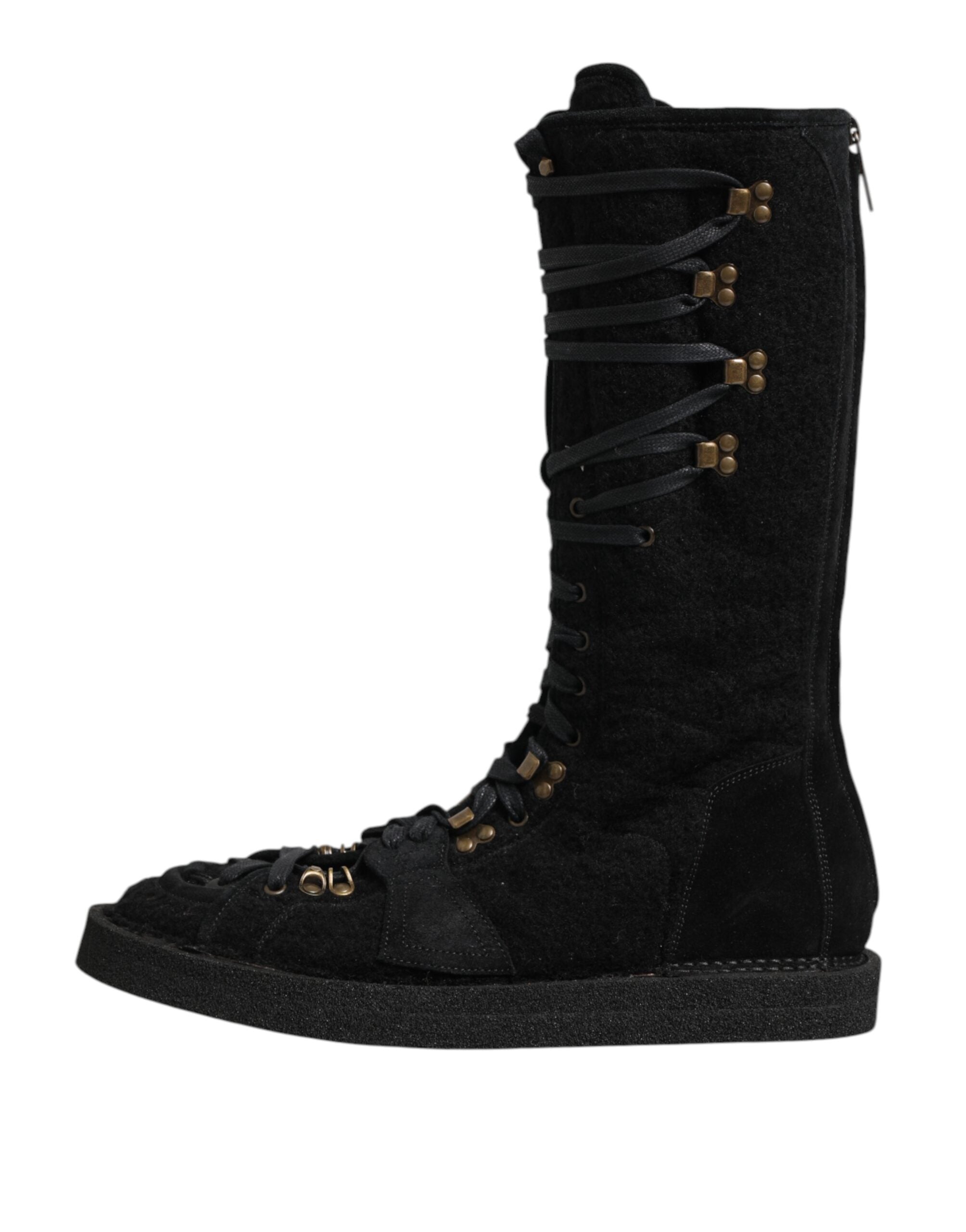 Black Alpaca Wool Suede Mid Calf Boots Shoes - ventzia