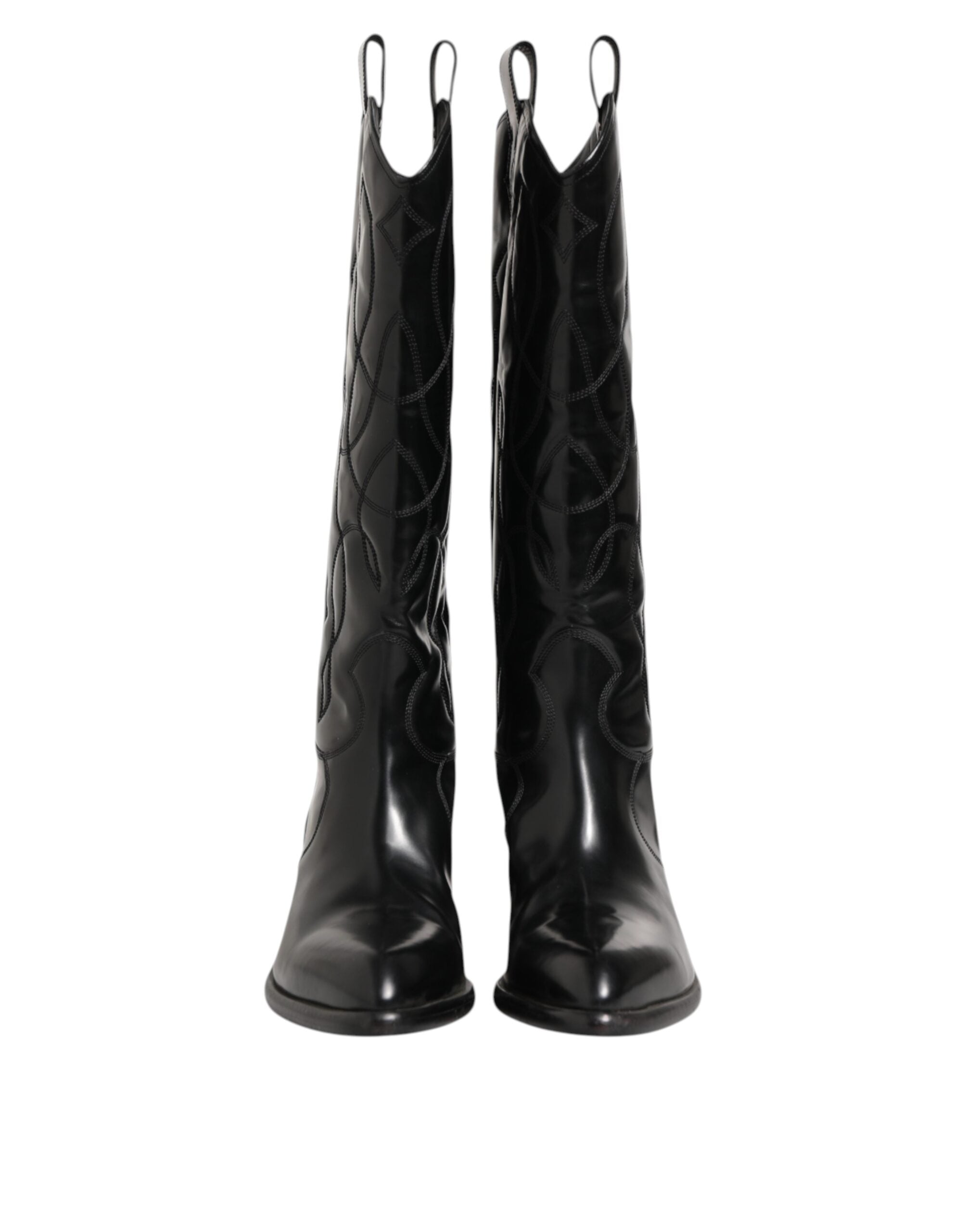 Black Leather Over The Calf Biker Boots Shoes - ventzia