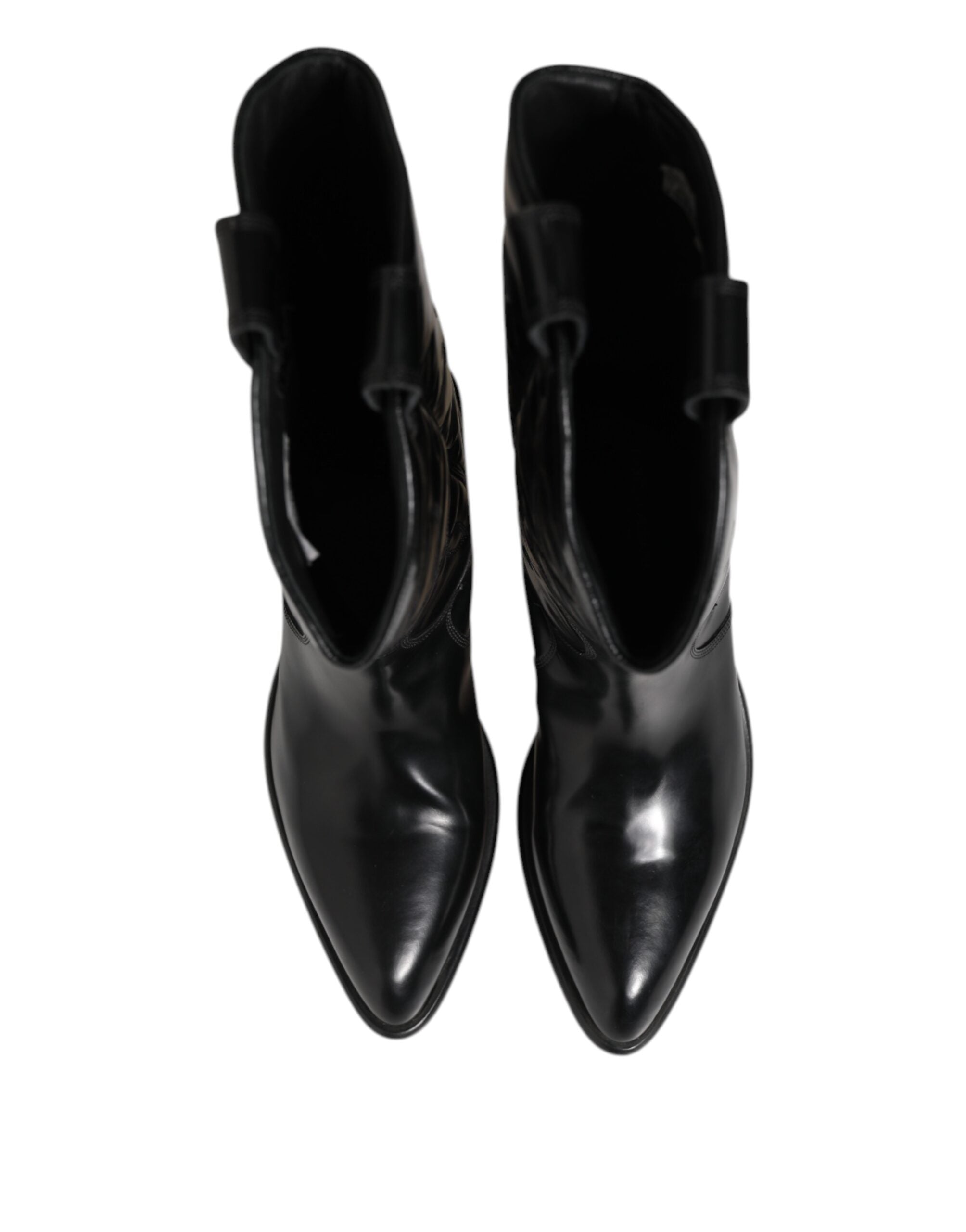 Black Leather Over The Calf Biker Boots Shoes - ventzia