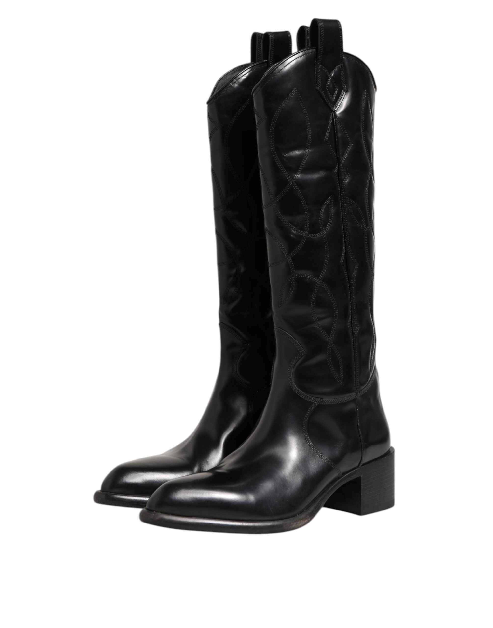Black Leather Over The Calf Biker Boots Shoes - ventzia