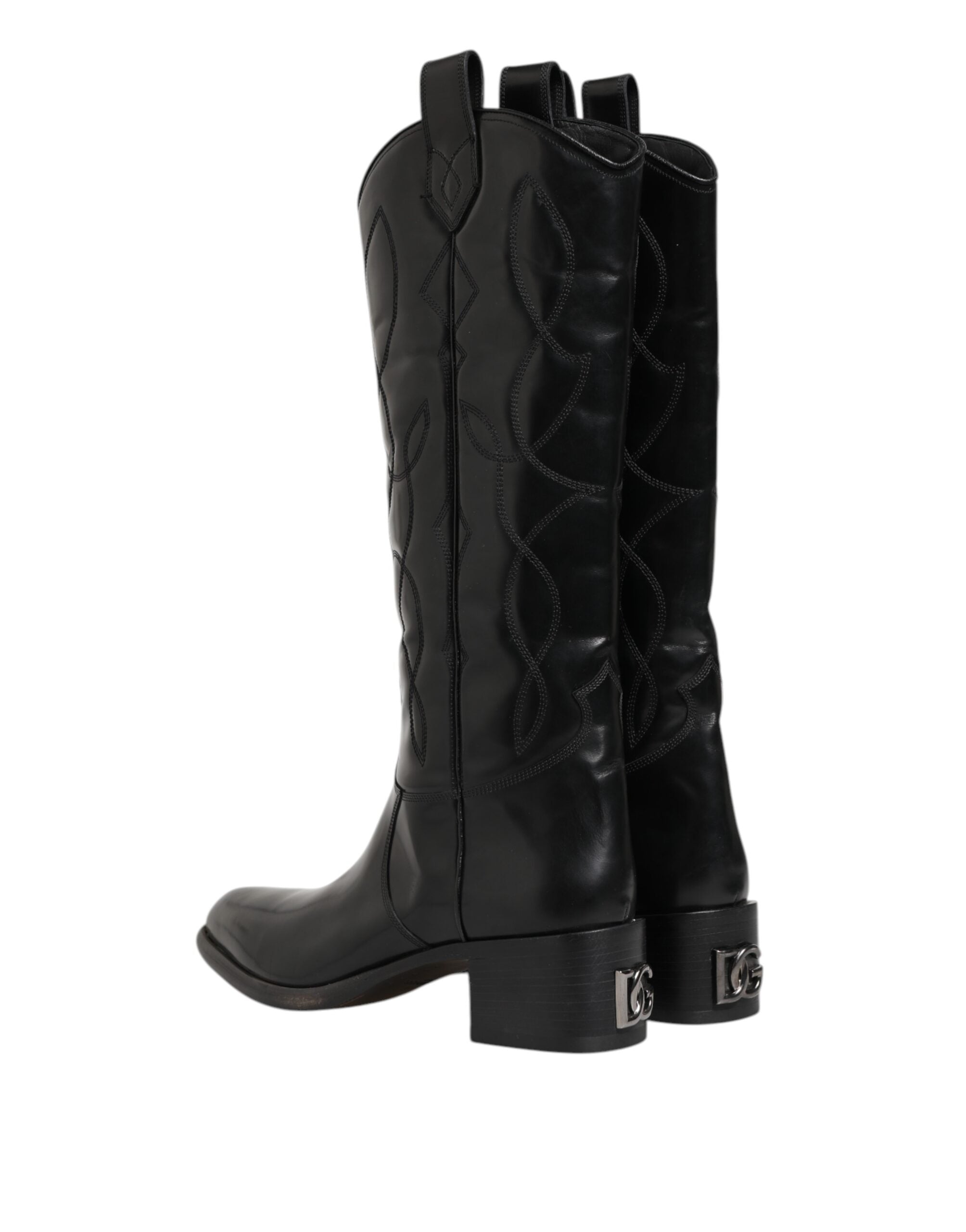 Black Leather Over The Calf Biker Boots Shoes - ventzia