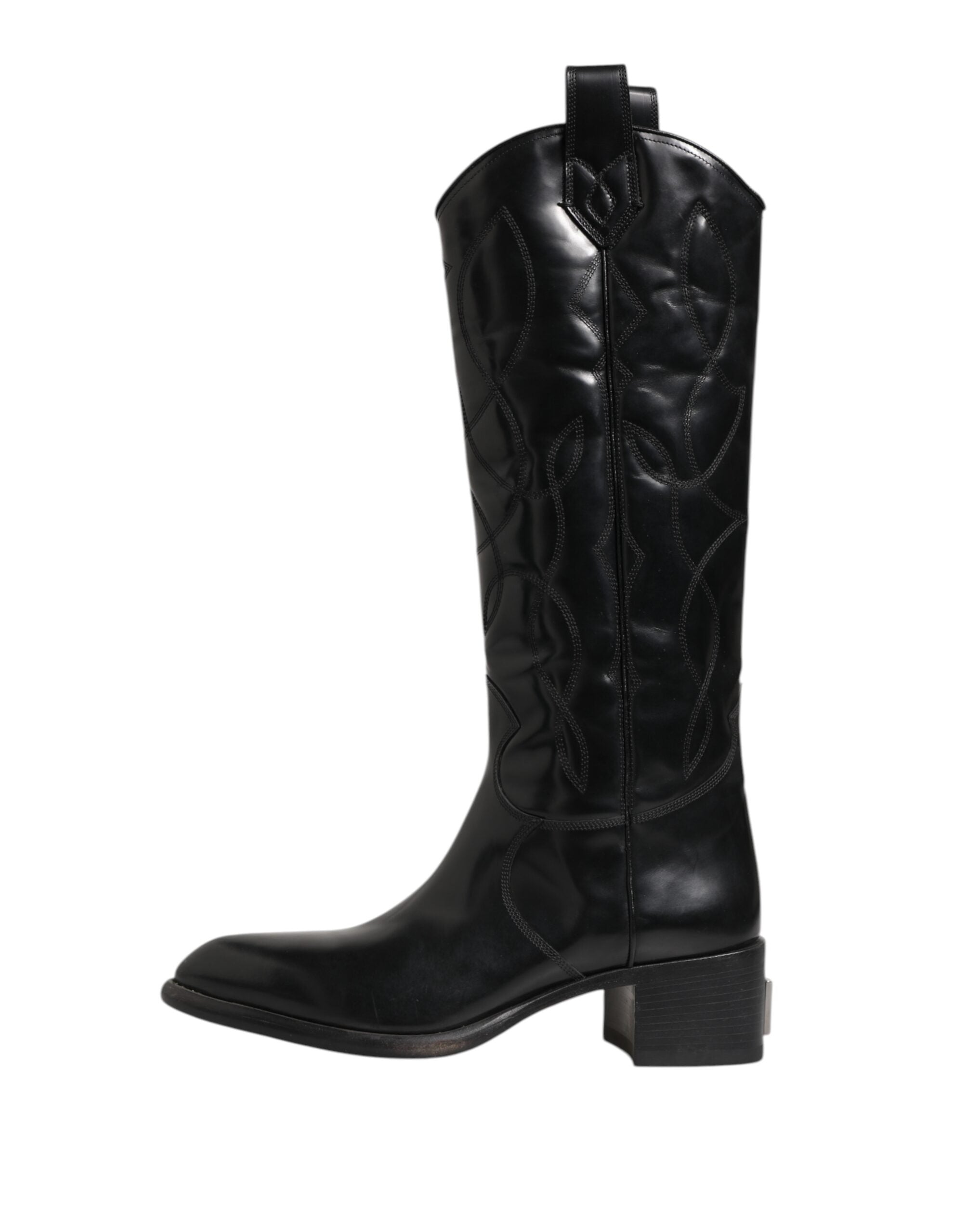 Black Leather Over The Calf Biker Boots Shoes - ventzia