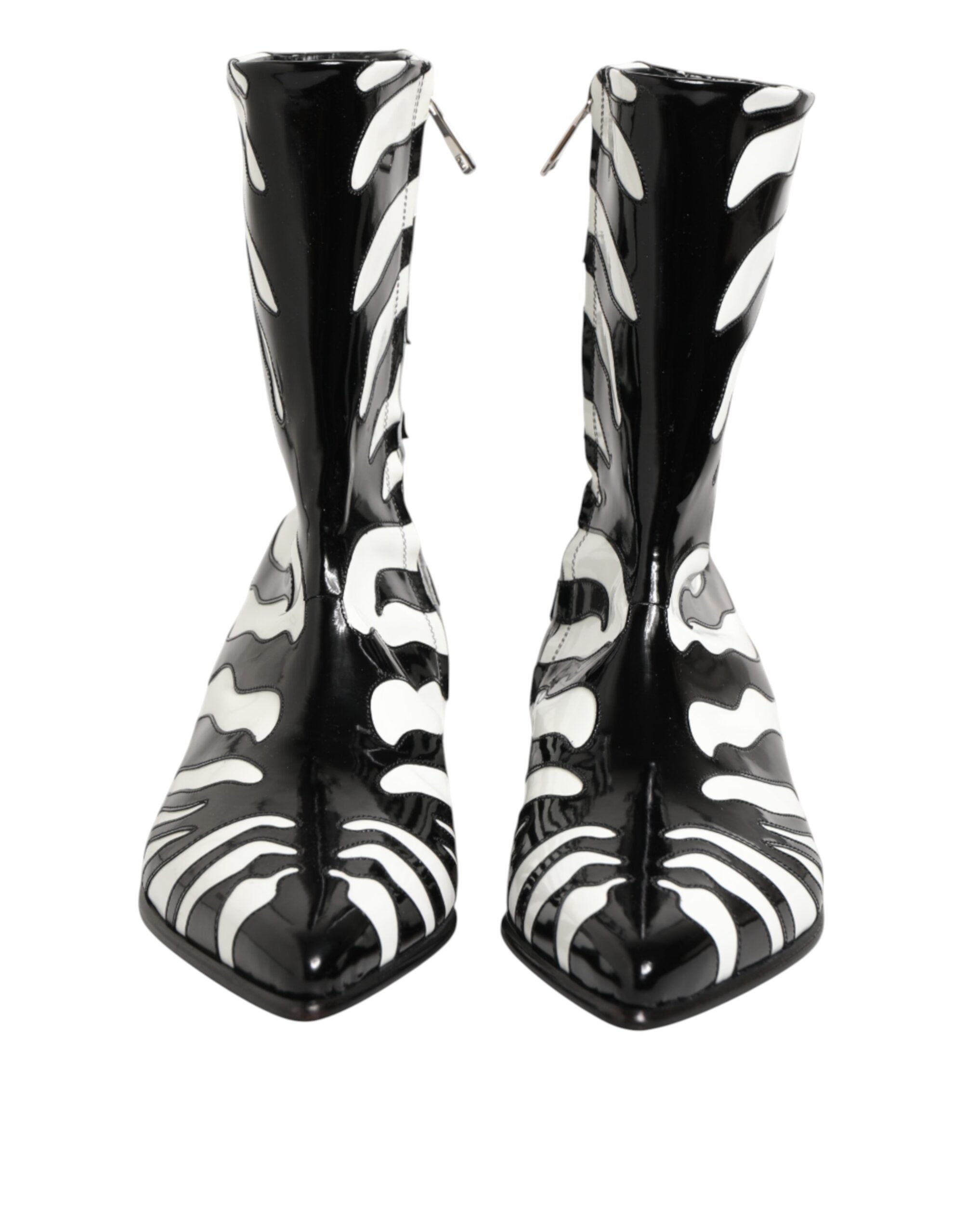 Black White Zebra Leather Mid Calf Boots Shoes - ventzia