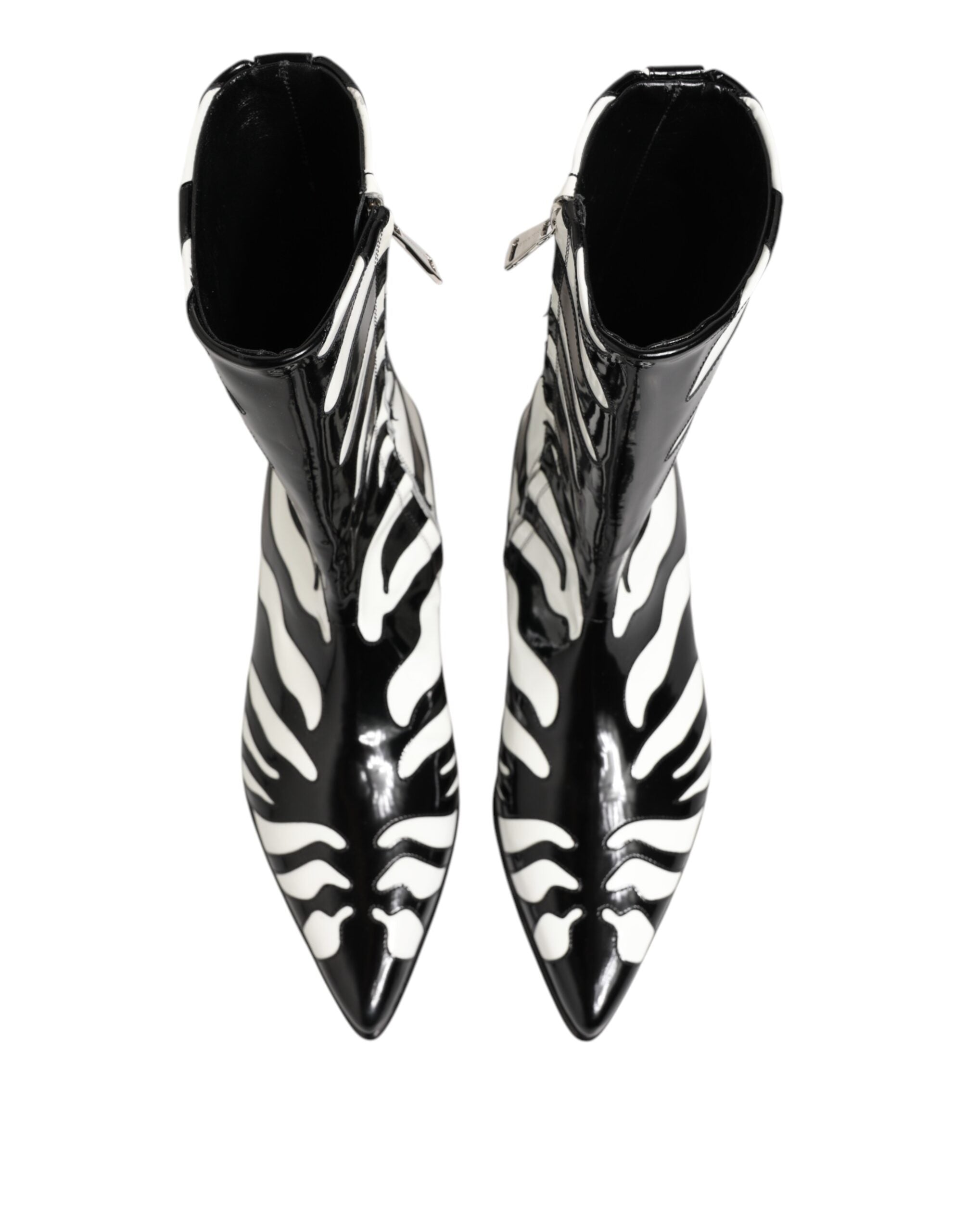 Black White Zebra Leather Mid Calf Boots Shoes - ventzia