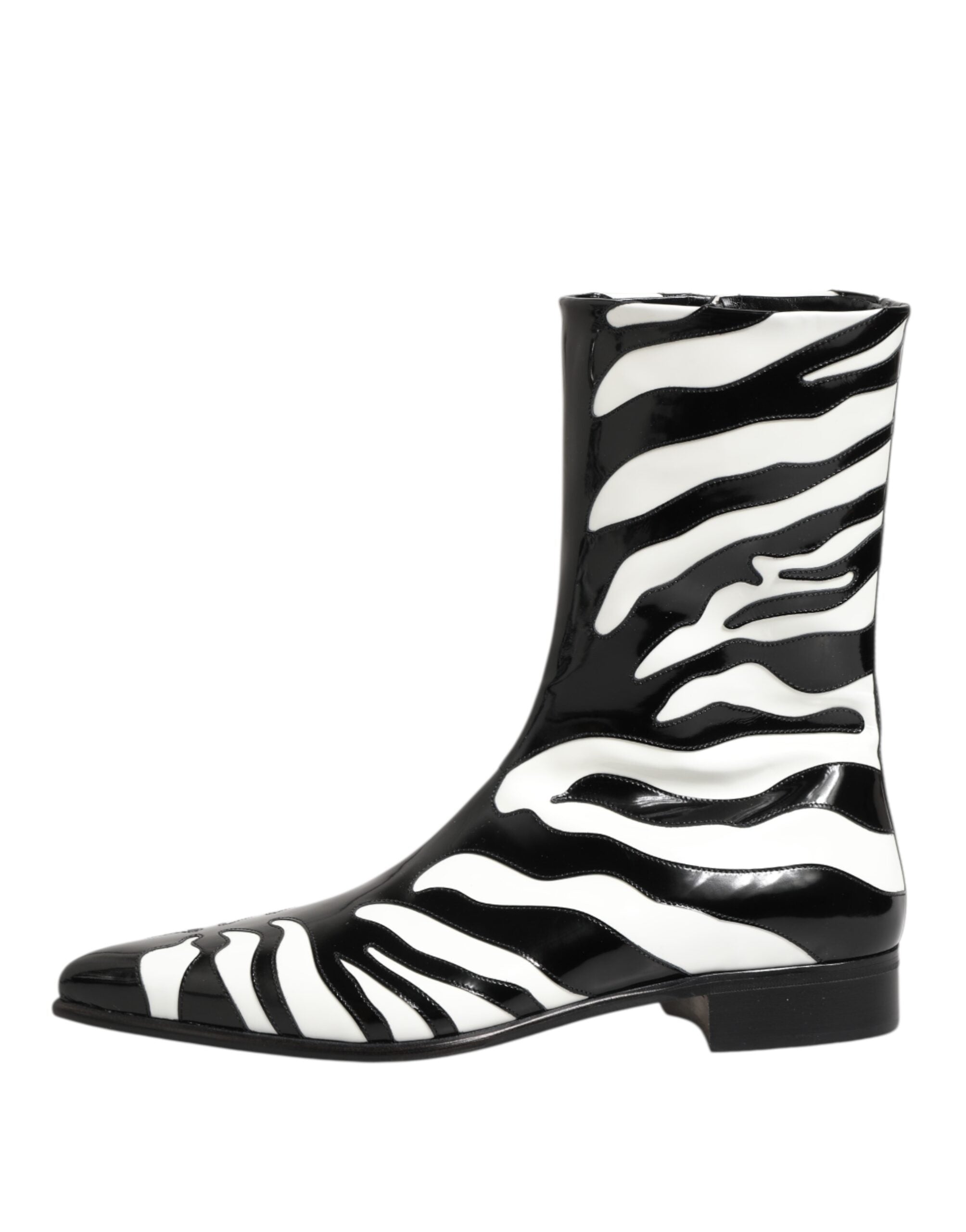 Black White Zebra Leather Mid Calf Boots Shoes - ventzia