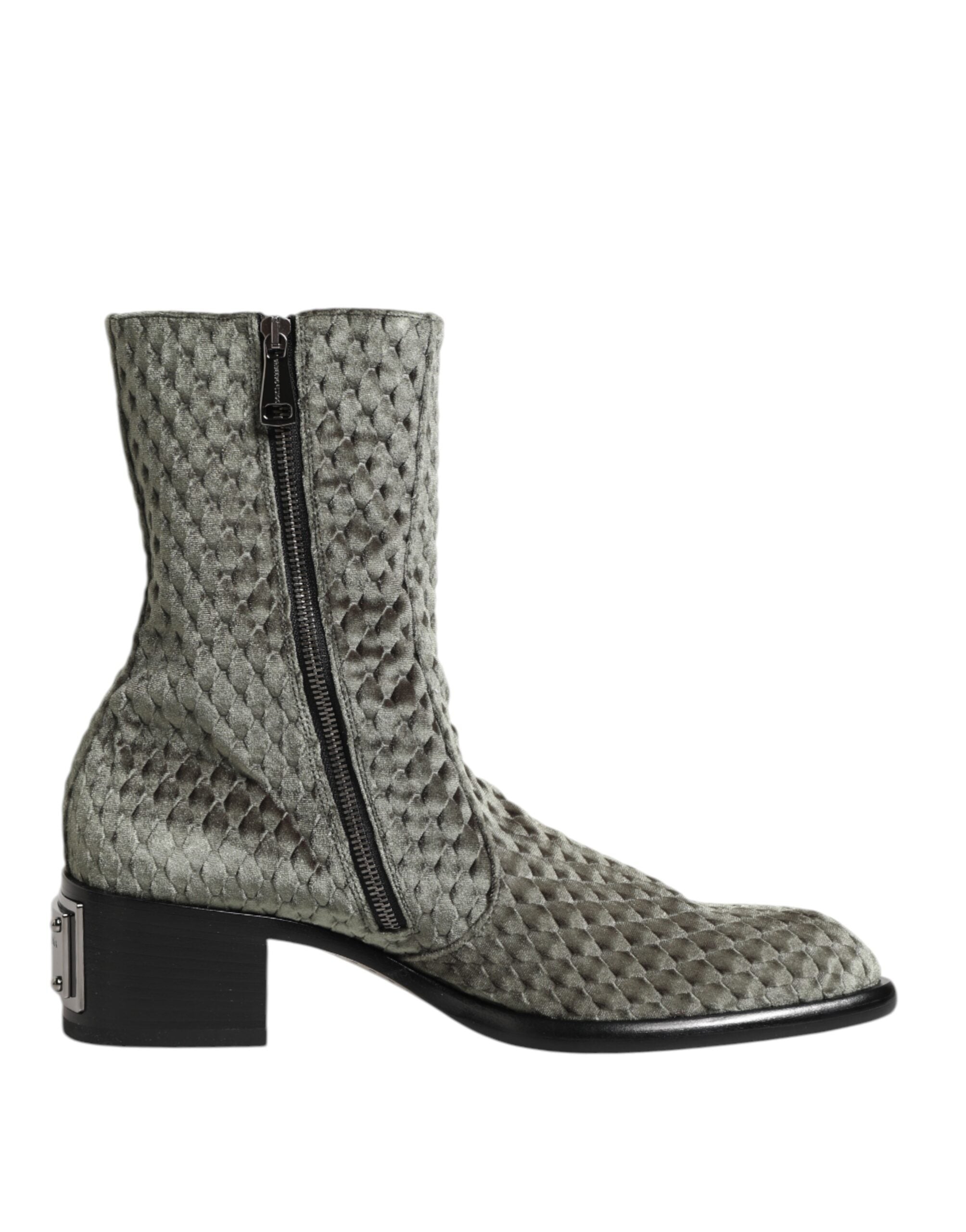Gray Cotton Velvet Mid Calf Short Boots Shoes - ventzia