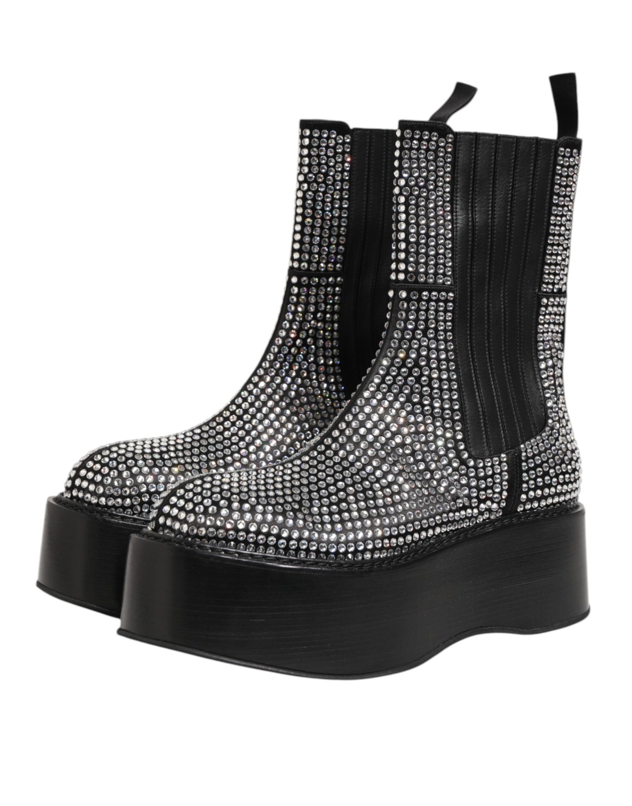 Black Crystal Strass Mid Calf Short Boots Shoes - ventzia