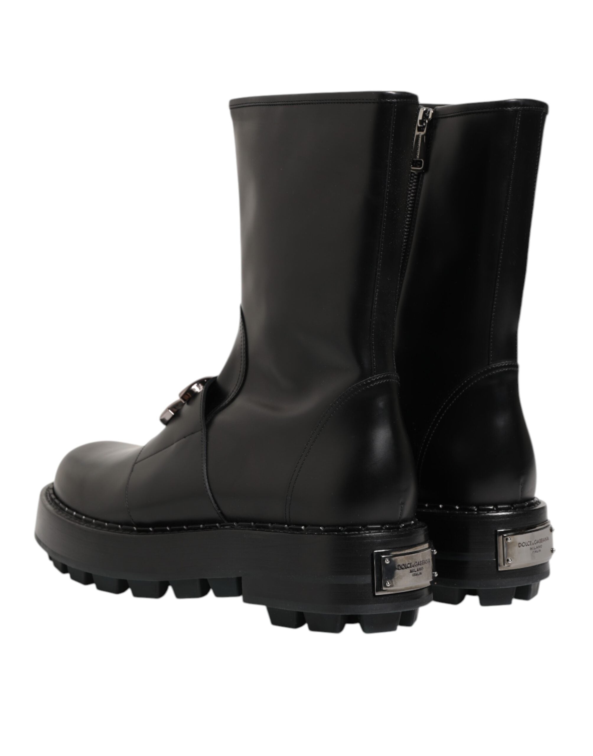 Black Logo Plaque Mid Calf Biker Boots Shoes - ventzia
