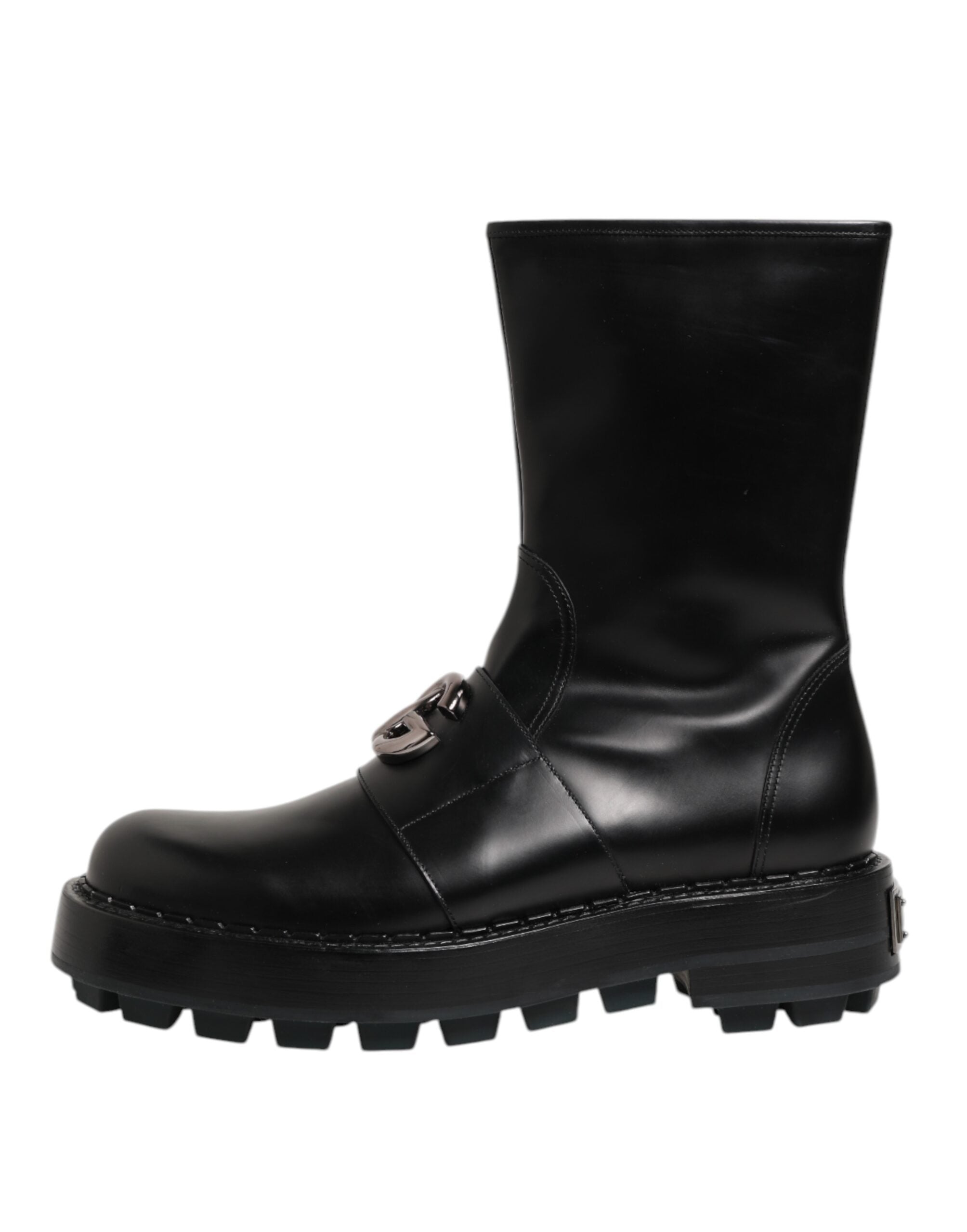 Black Logo Plaque Mid Calf Biker Boots Shoes - ventzia