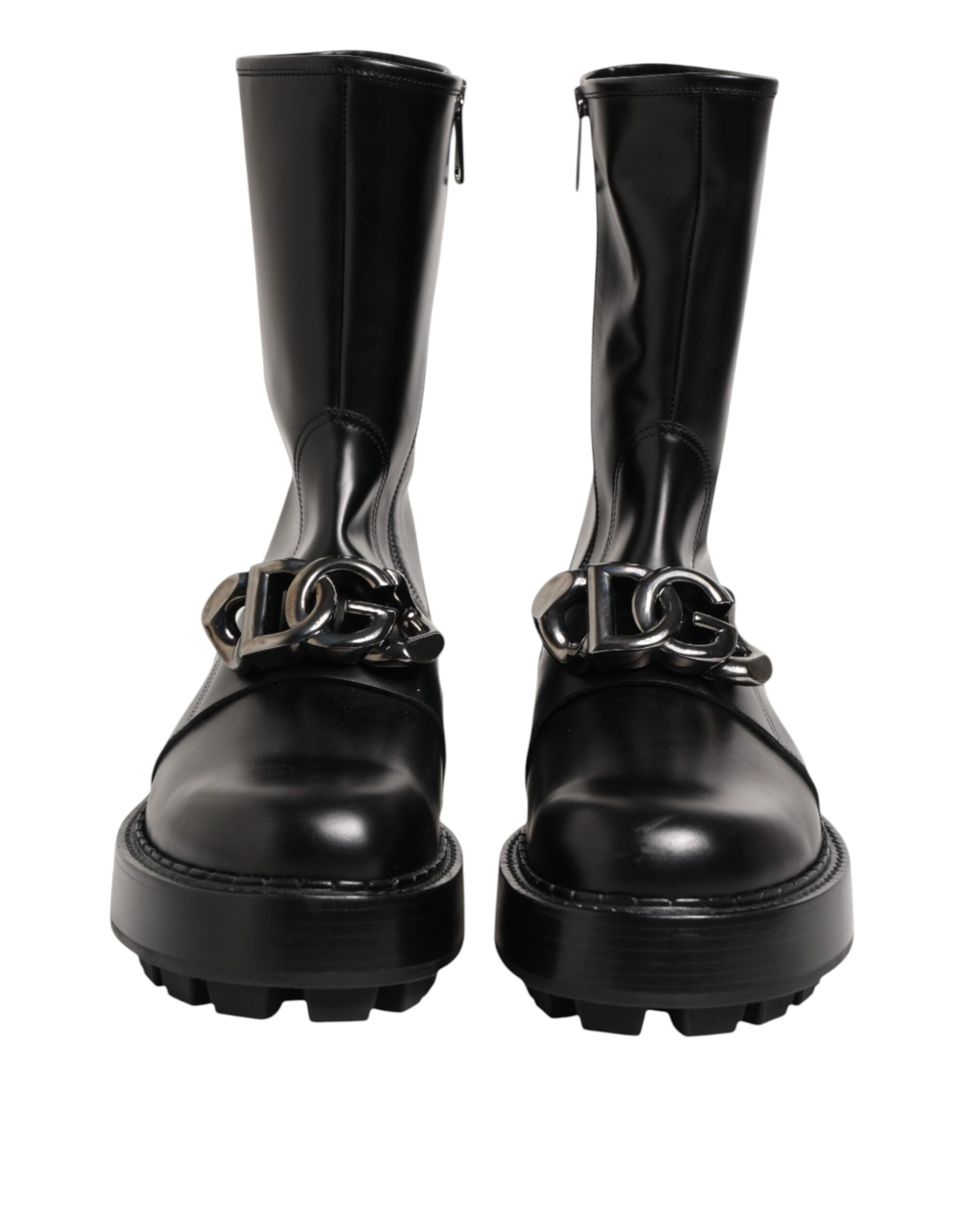 Black Logo Plaque Mid Calf Biker Boots Shoes - ventzia
