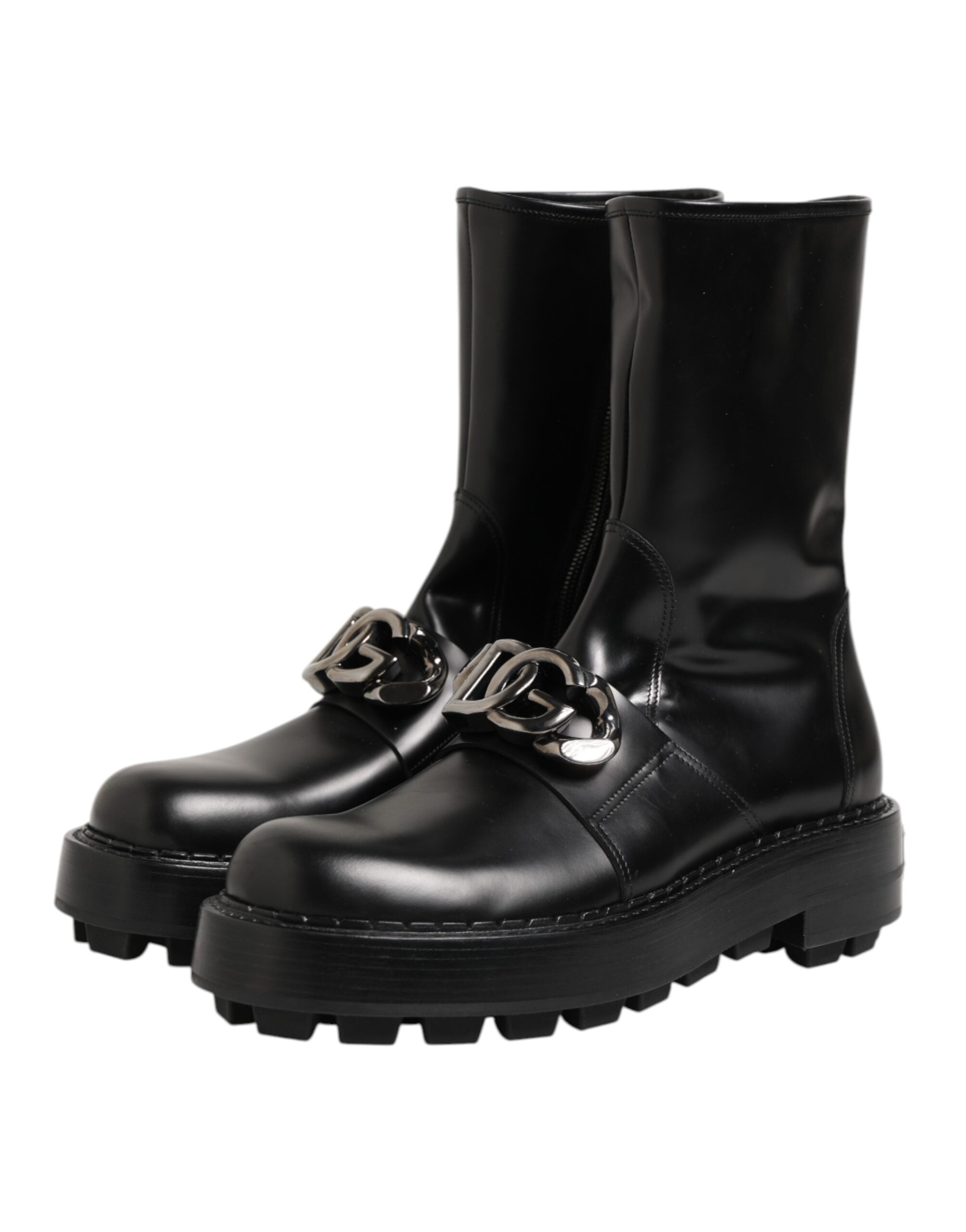 Black Logo Plaque Mid Calf Biker Boots Shoes - ventzia