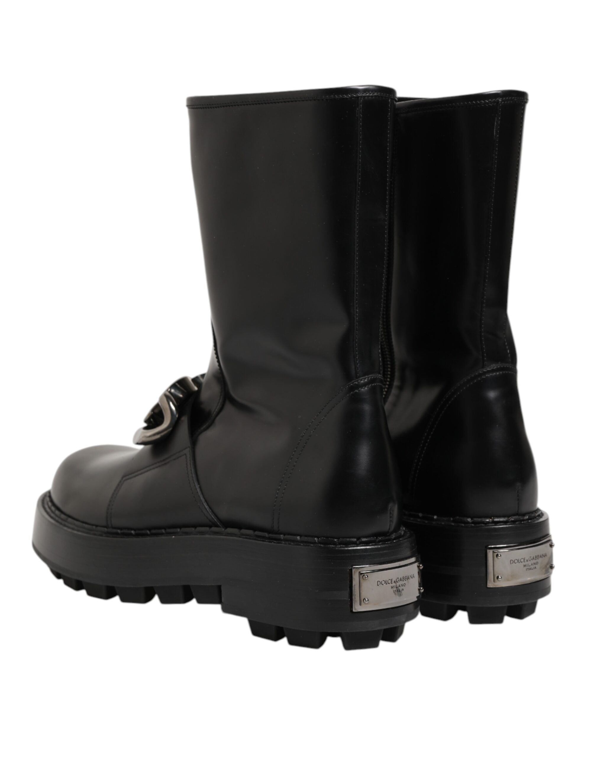 Black Logo Plaque Mid Calf Biker Boots Shoes - ventzia