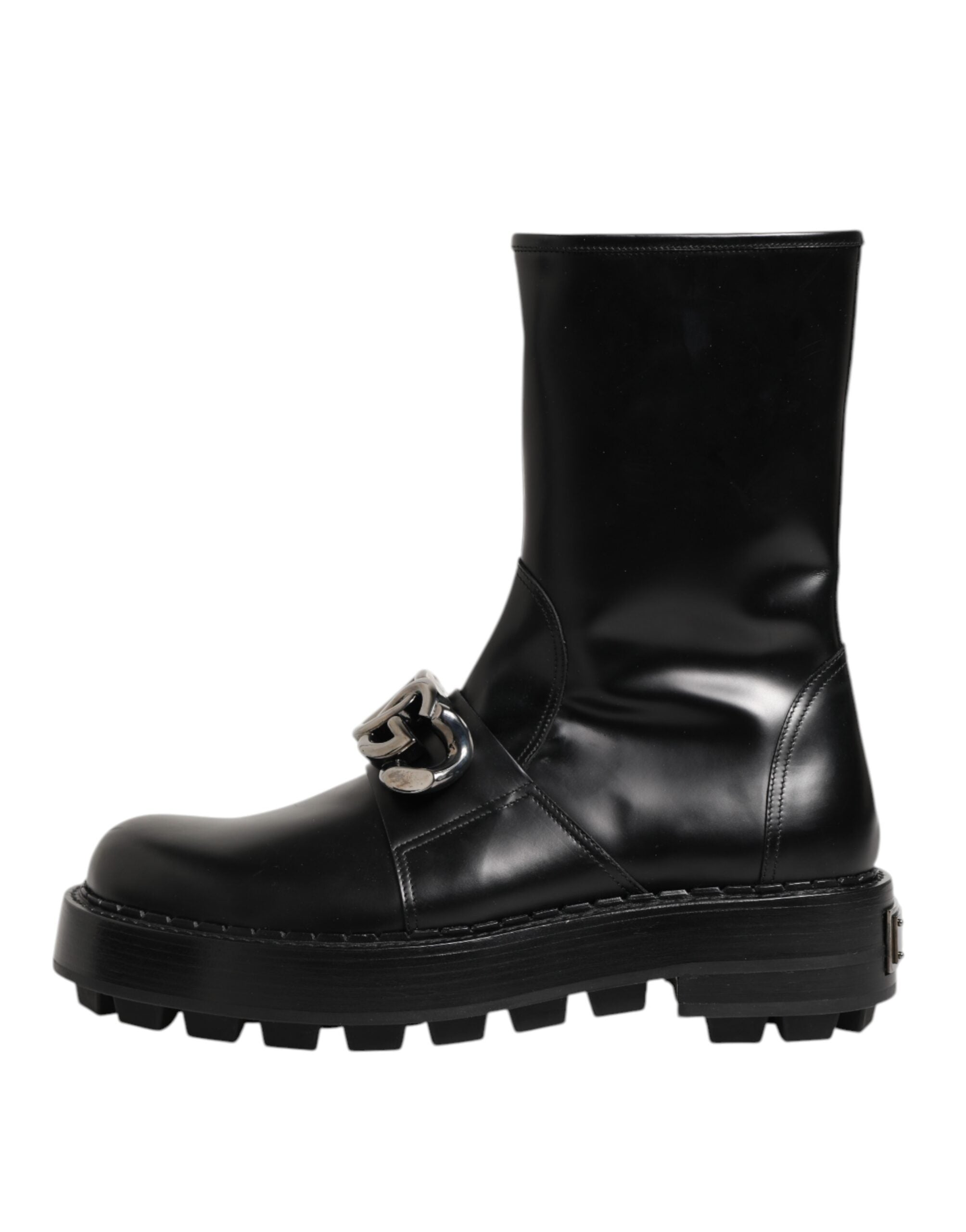 Black Logo Plaque Mid Calf Biker Boots Shoes - ventzia