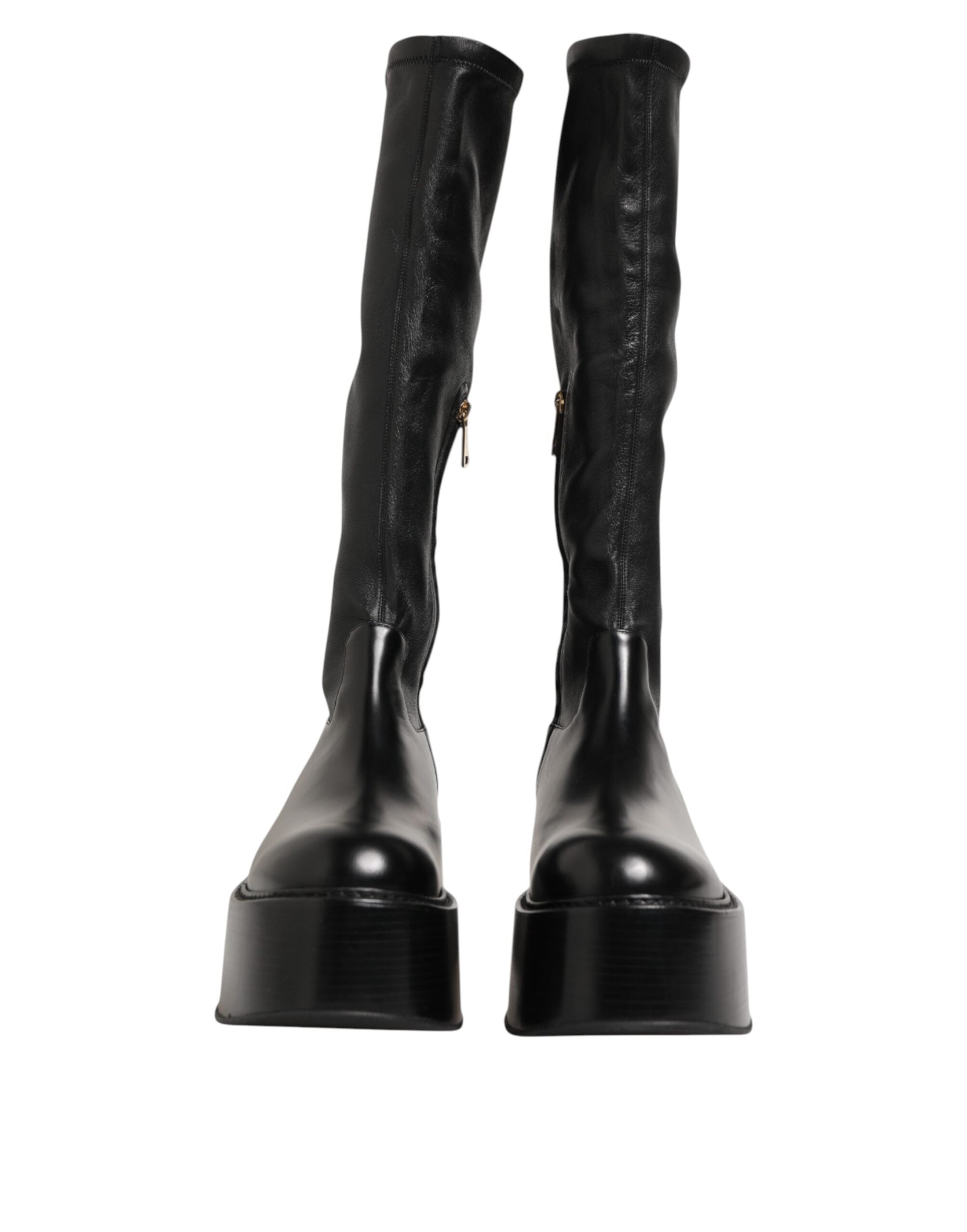 Black Logo Plaque Over The Calf Boots Shoes - ventzia